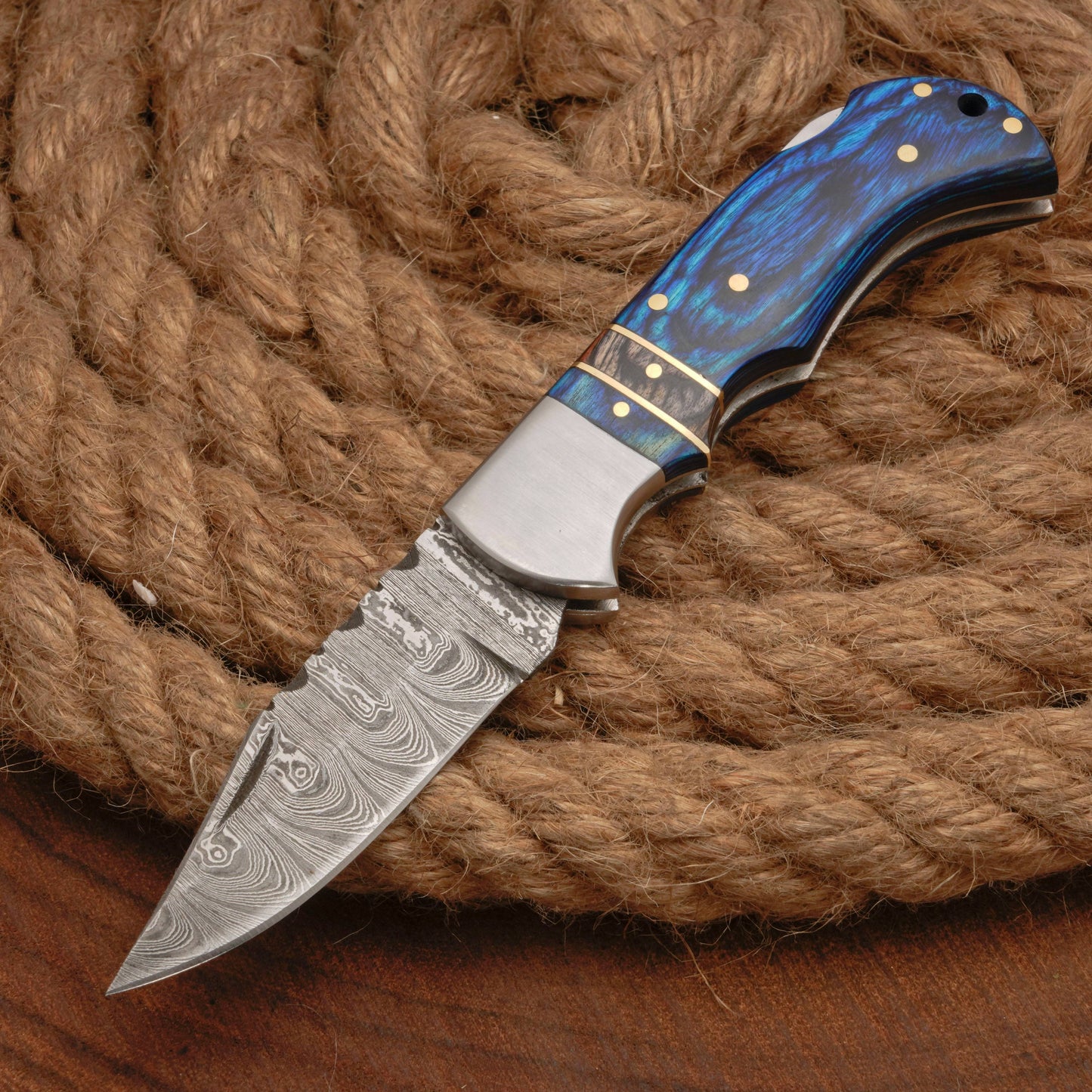Handmade Damascus Steel Pocket Folding Knife With Pakkawood Handle And Pocket Clip