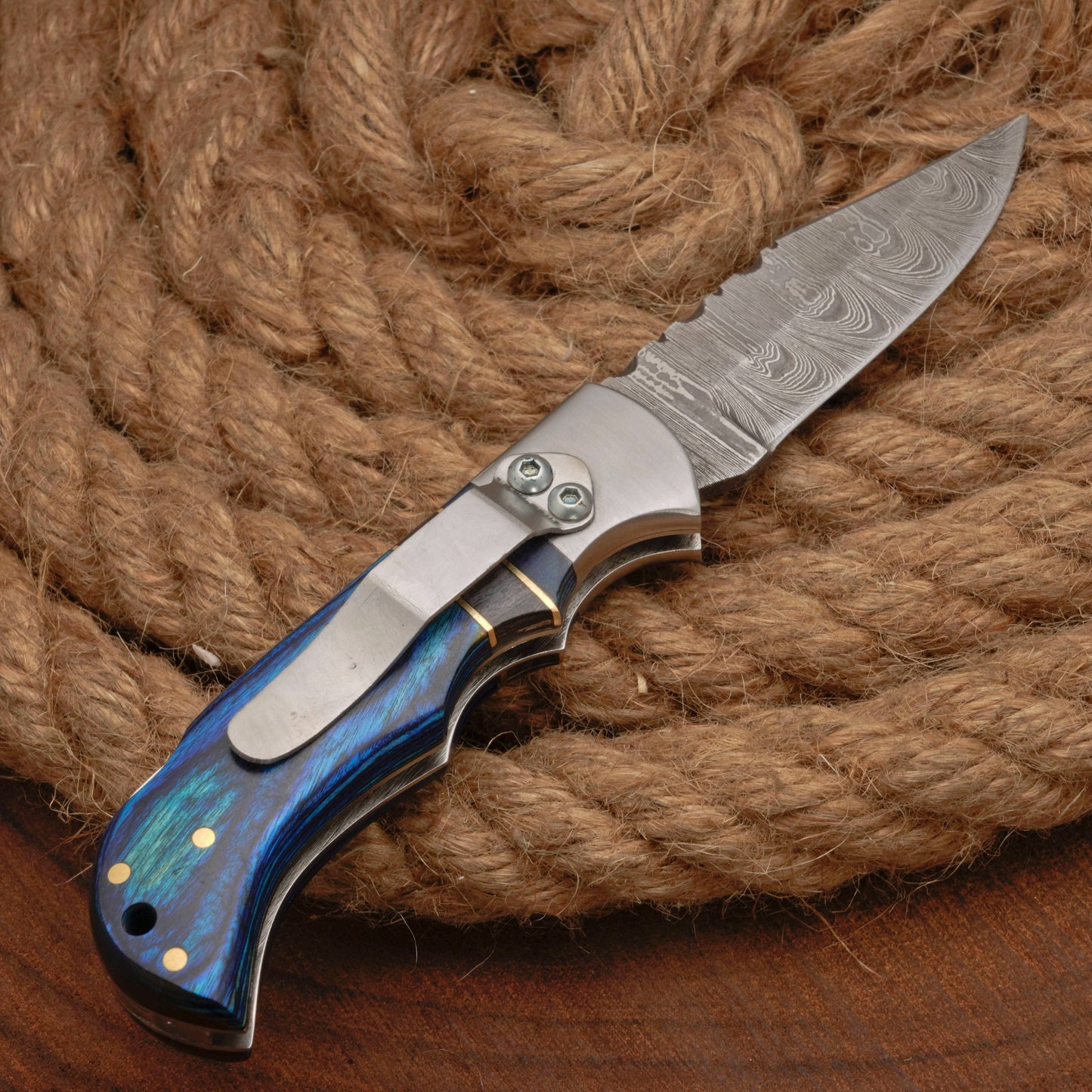 Handmade Damascus Steel Pocket Folding Knife With Pakkawood Handle And Pocket Clip