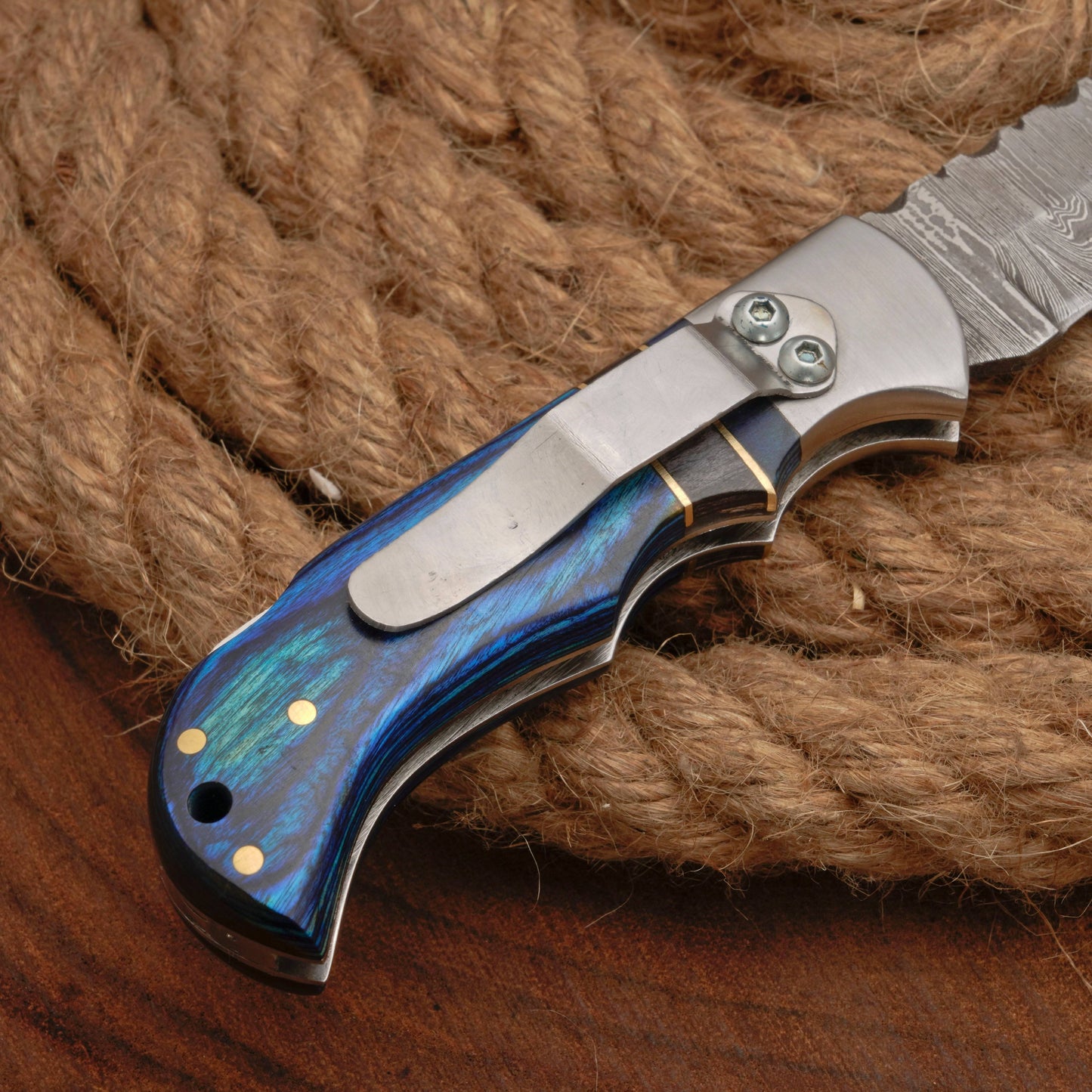 Handmade Damascus Steel Pocket Folding Knife With Pakkawood Handle And Pocket Clip