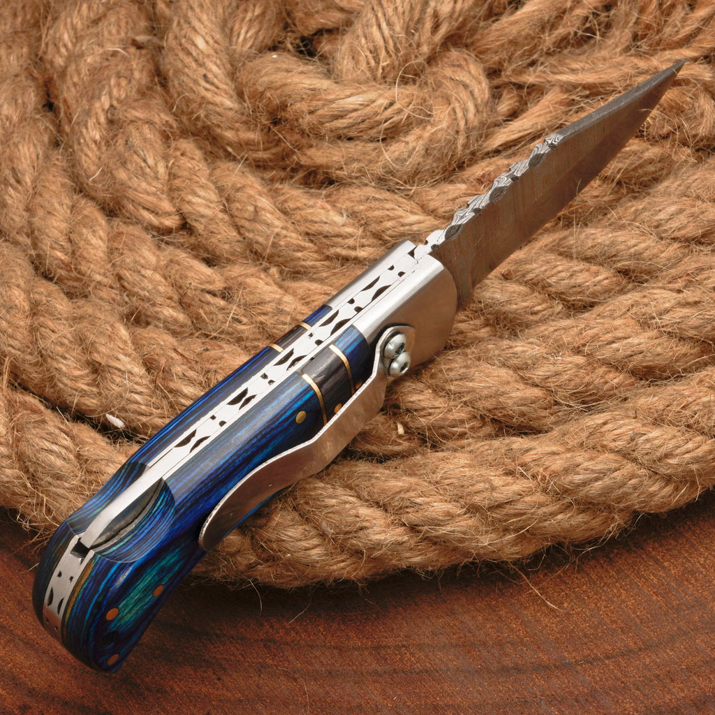 Handmade Damascus Steel Pocket Folding Knife With Pakkawood Handle And Pocket Clip
