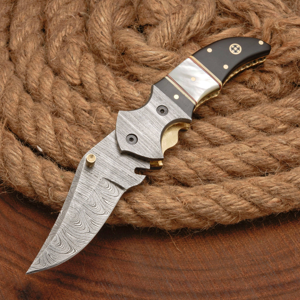 7" Handmade Damascus Pocket Knife with Pocket Clip - Real Pearl Black Horn - Damascus Bolster