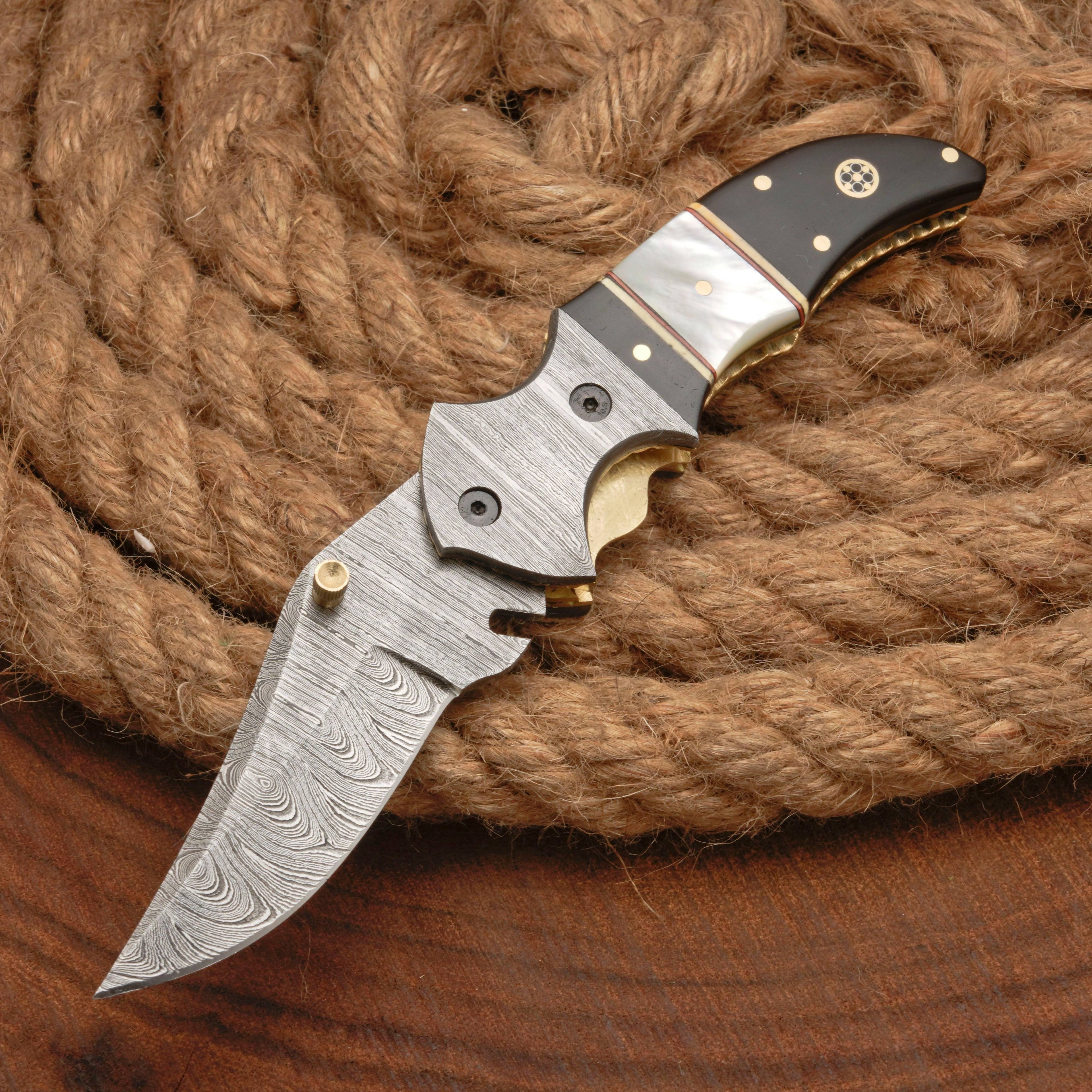 7" Handmade Damascus Pocket Knife with Pocket Clip - Real Pearl Black Horn - Damascus Bolster