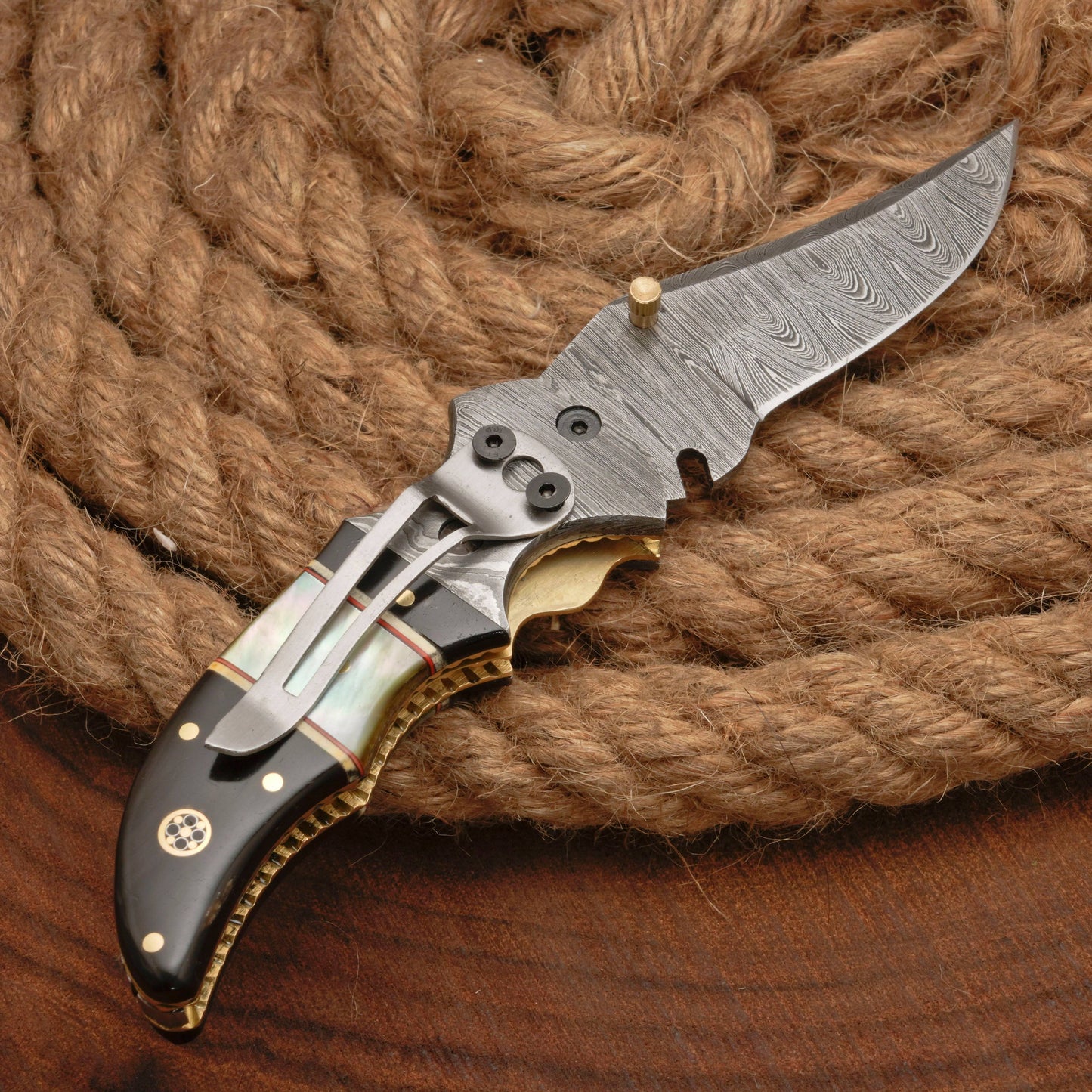 7" Handmade Damascus Pocket Knife with Pocket Clip - Real Pearl Black Horn - Damascus Bolster