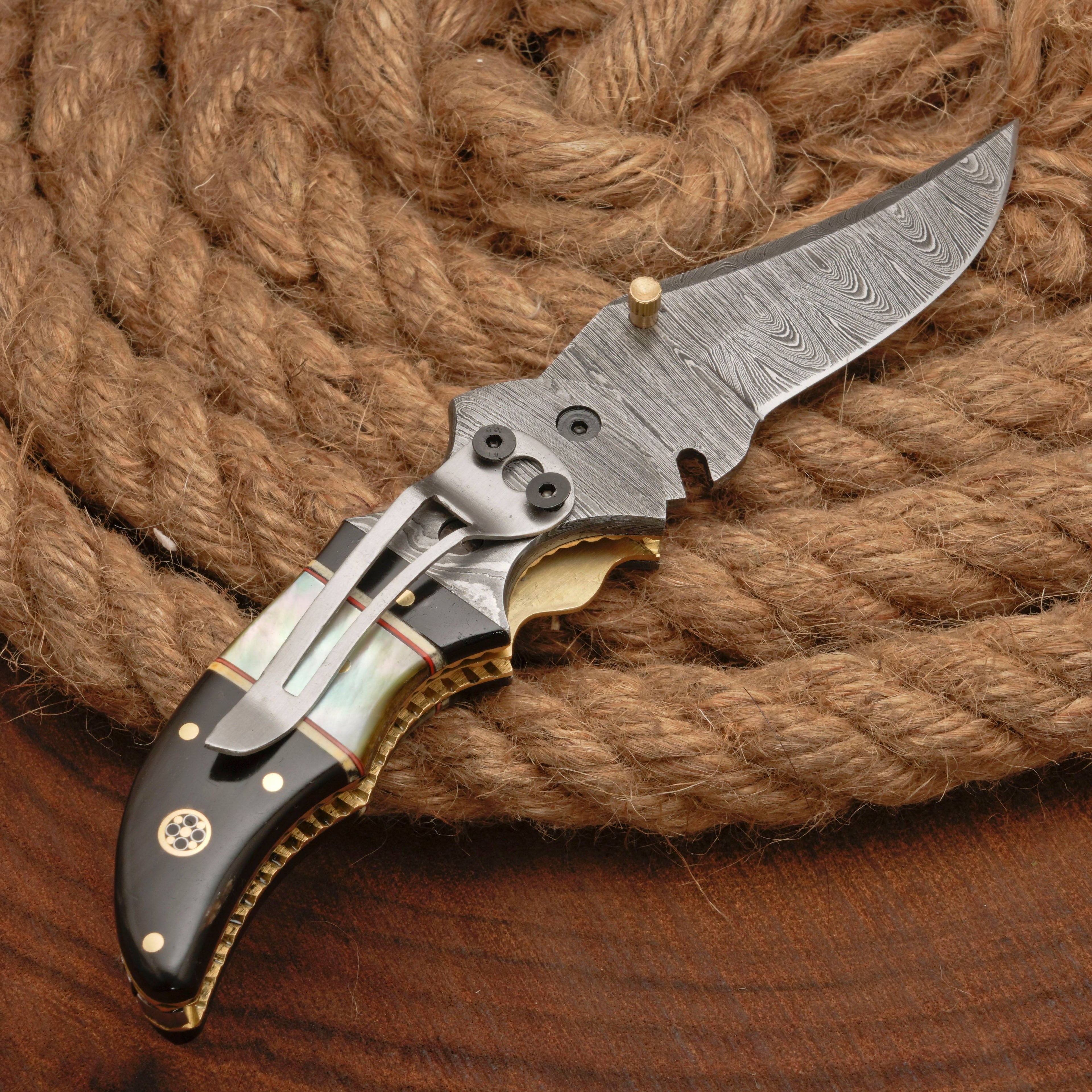 7" Handmade Damascus Pocket Knife with Pocket Clip - Real Pearl Black Horn - Damascus Bolster
