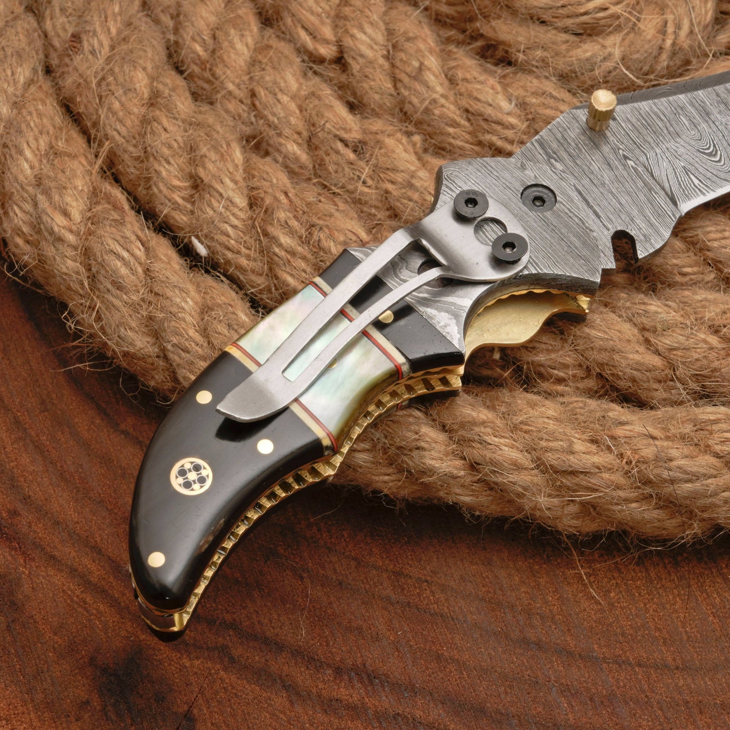 7" Handmade Damascus Pocket Knife with Pocket Clip - Real Pearl Black Horn - Damascus Bolster