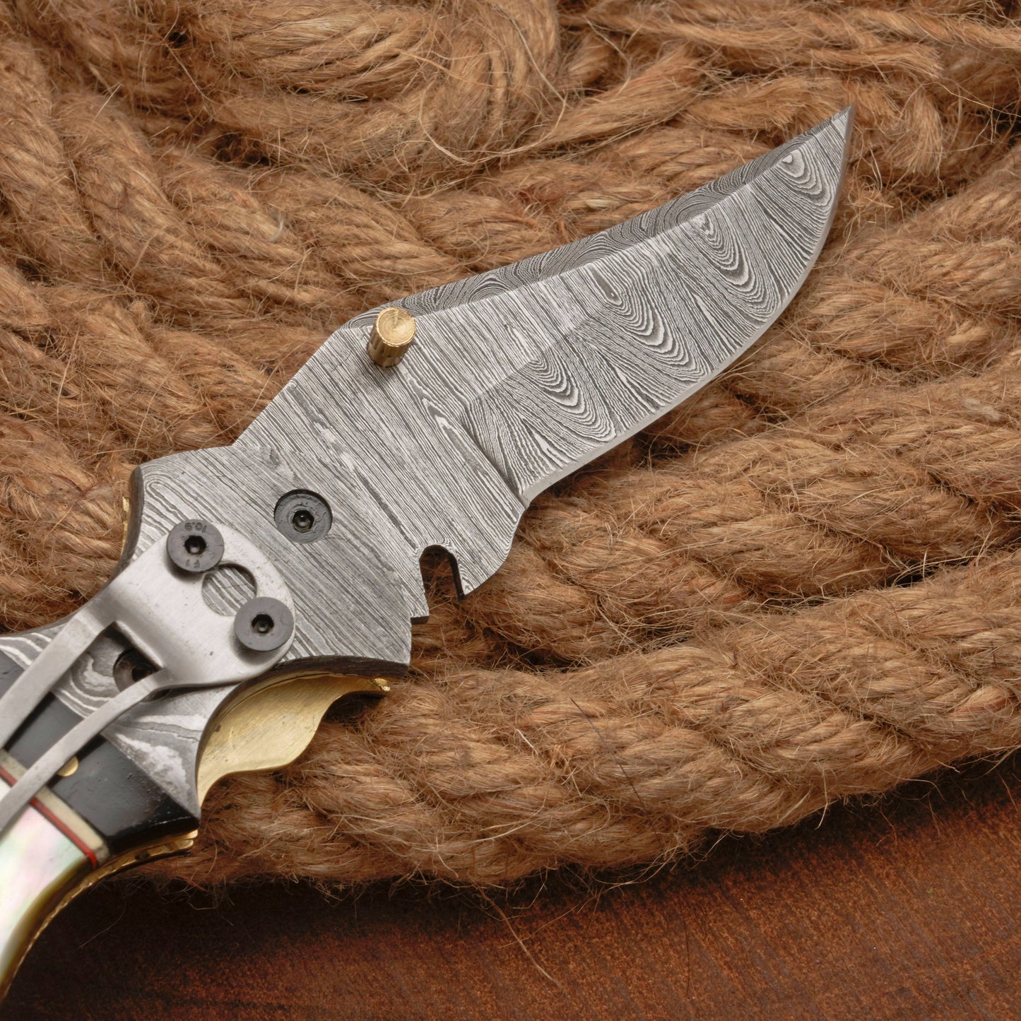 7" Handmade Damascus Pocket Knife with Pocket Clip - Real Pearl Black Horn - Damascus Bolster