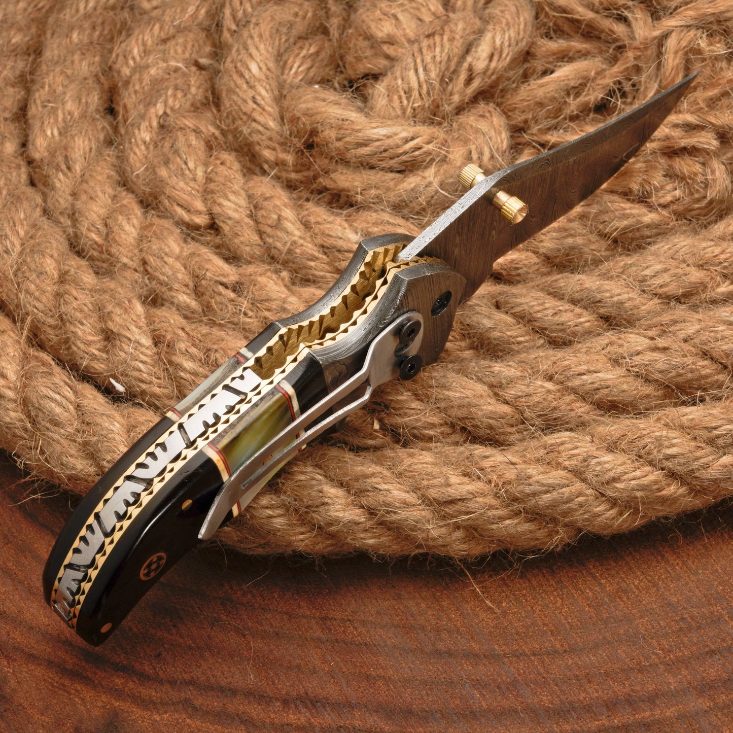 7" Handmade Damascus Pocket Knife with Pocket Clip - Real Pearl Black Horn - Damascus Bolster
