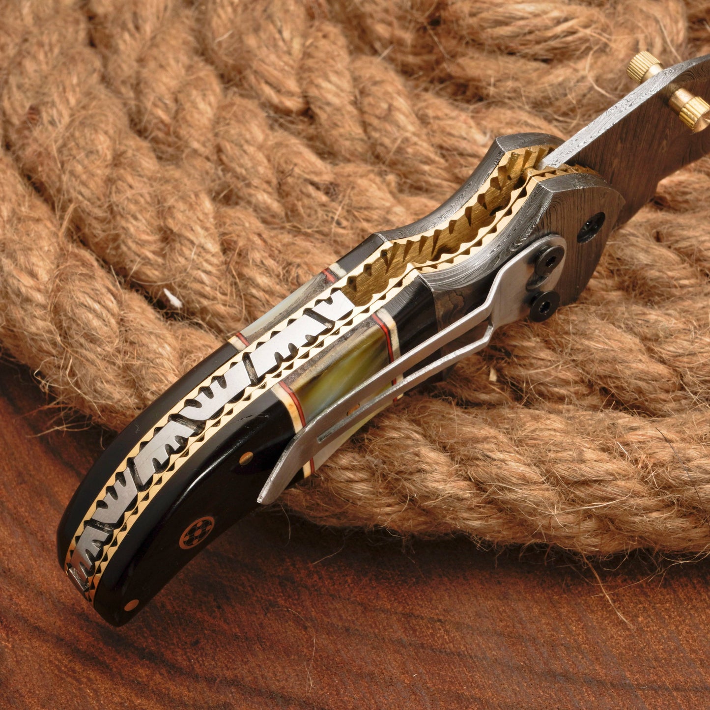 7" Handmade Damascus Pocket Knife with Pocket Clip - Real Pearl Black Horn - Damascus Bolster