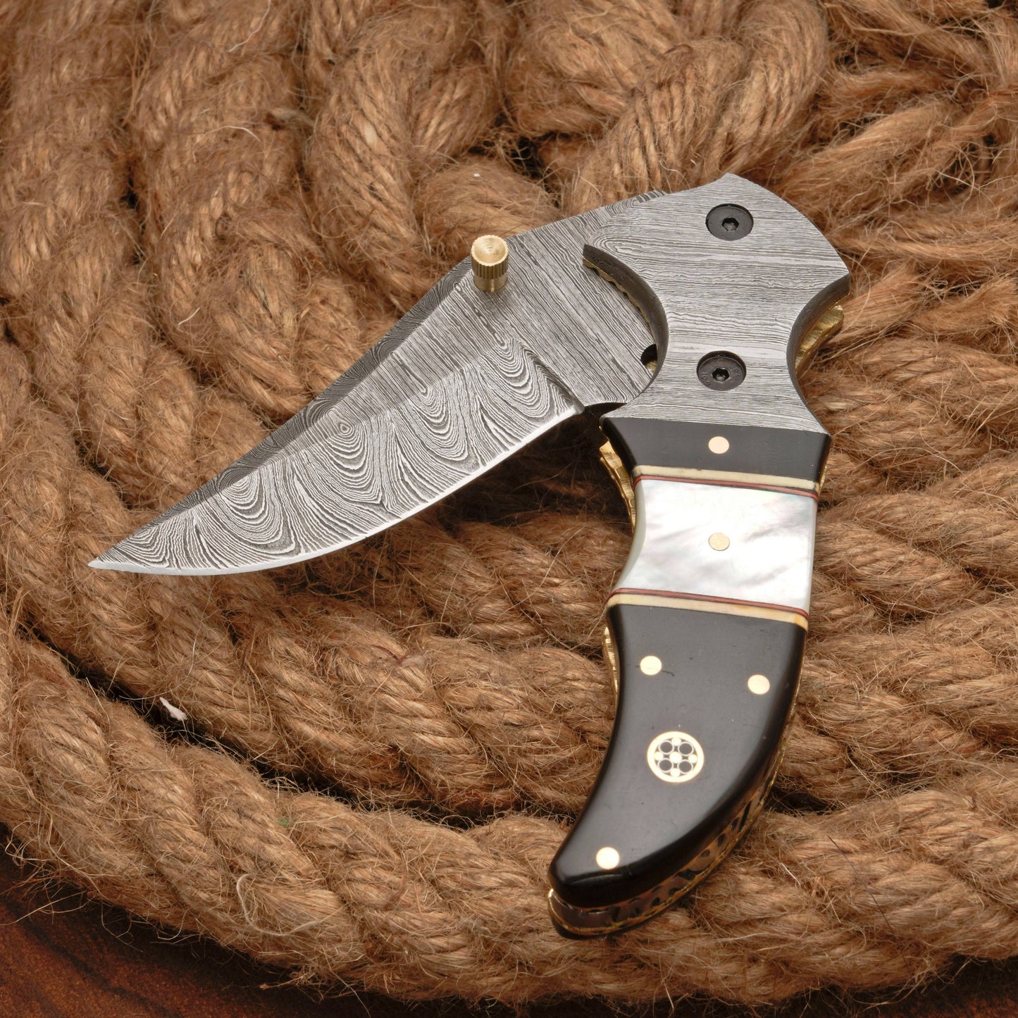 7" Handmade Damascus Pocket Knife with Pocket Clip - Real Pearl Black Horn - Damascus Bolster