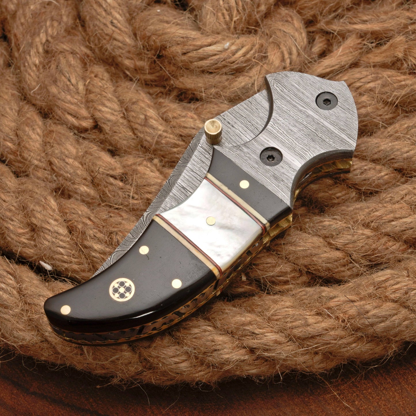 7" Handmade Damascus Pocket Knife with Pocket Clip - Real Pearl Black Horn - Damascus Bolster