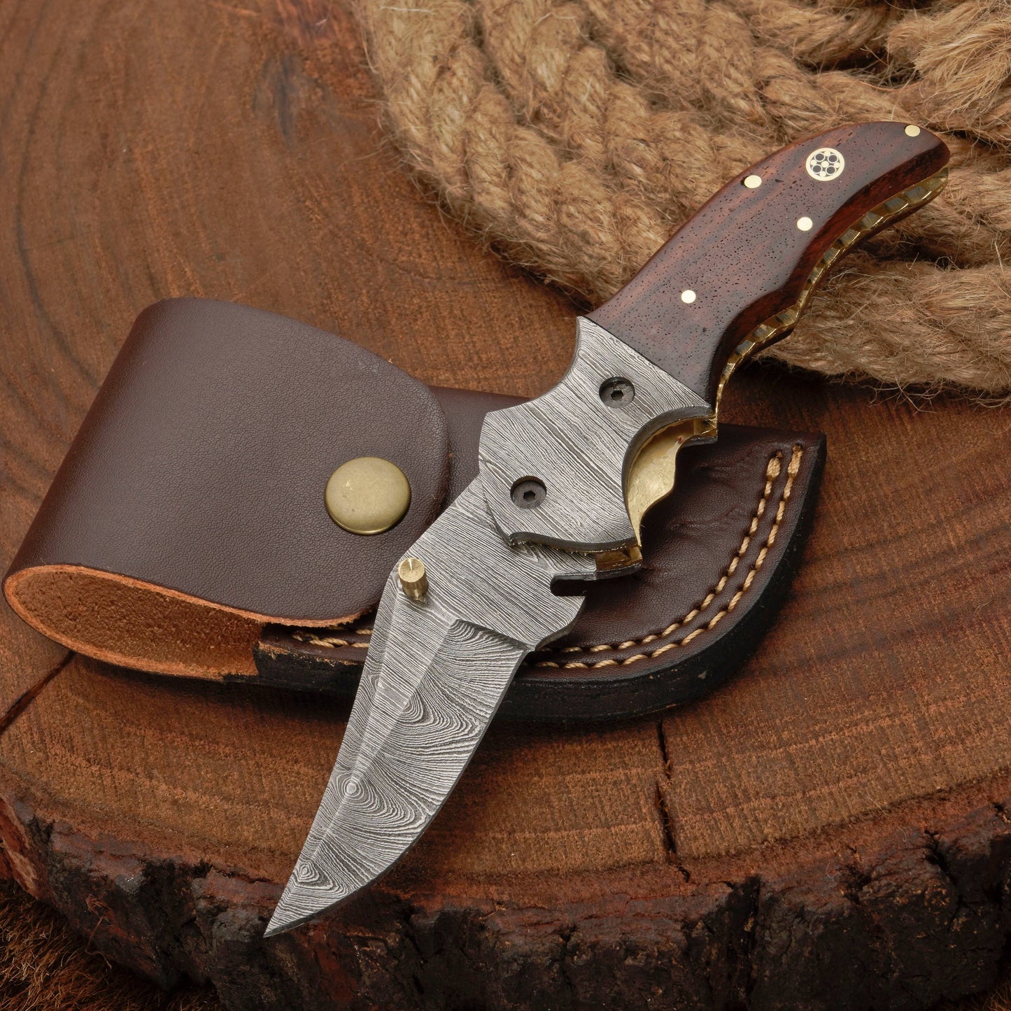 Handmade Forged Damascus Folding Pocket Knife with Pocket Clip | Camping Folding Knife with Rose Wood Handle