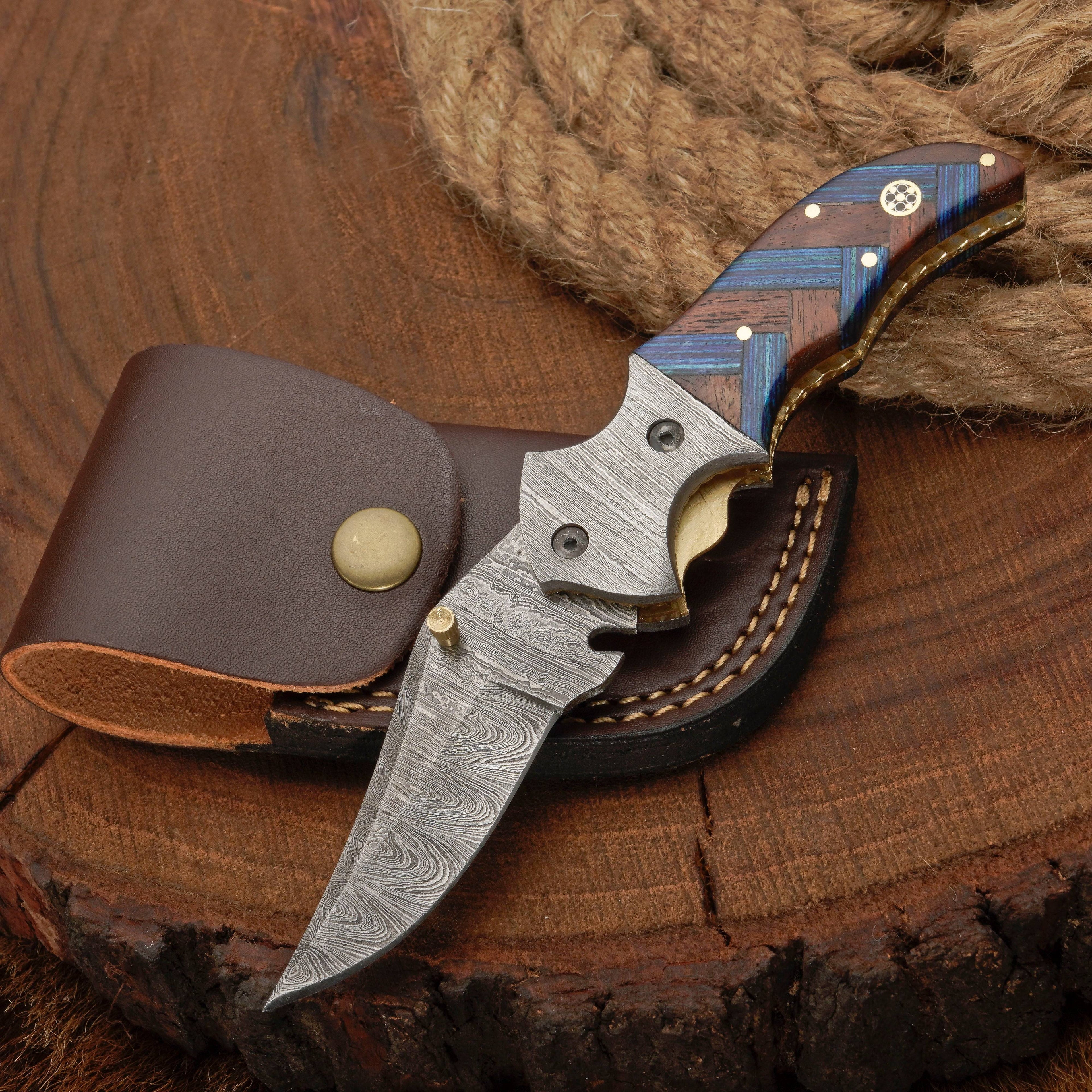 Hand Forged Damascus Steel Hunting Pocket Knife-Camping Folding Blade With Pocket Clip