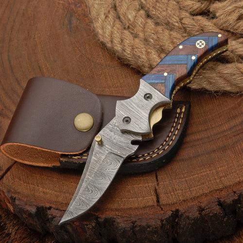 Hand Forged Damascus Steel Hunting Pocket Knife-Camping Folding Blade With Pocket Clip