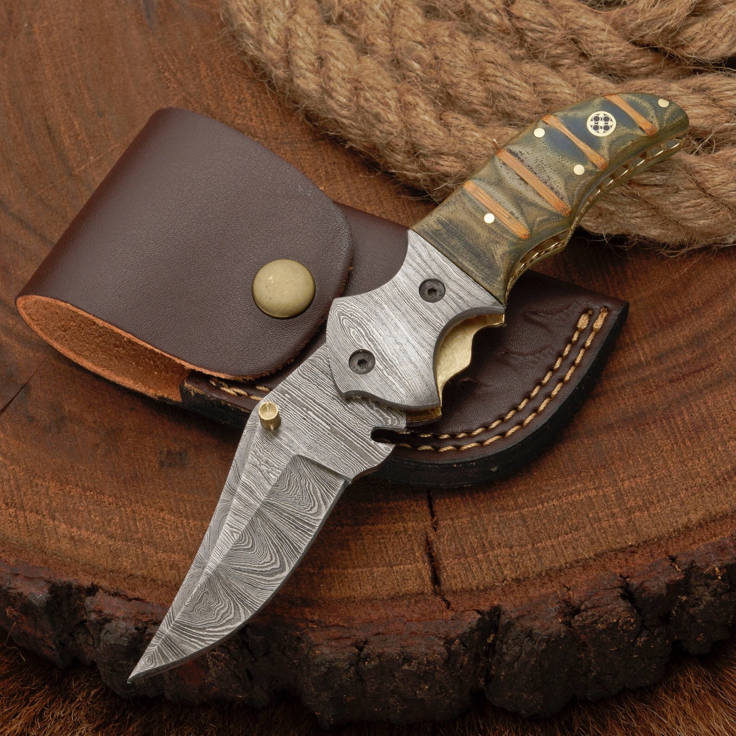 EDC Handmade Damascus Pocket Knife-Camping Folding Blade With Pocket Clip & Micarta Handle