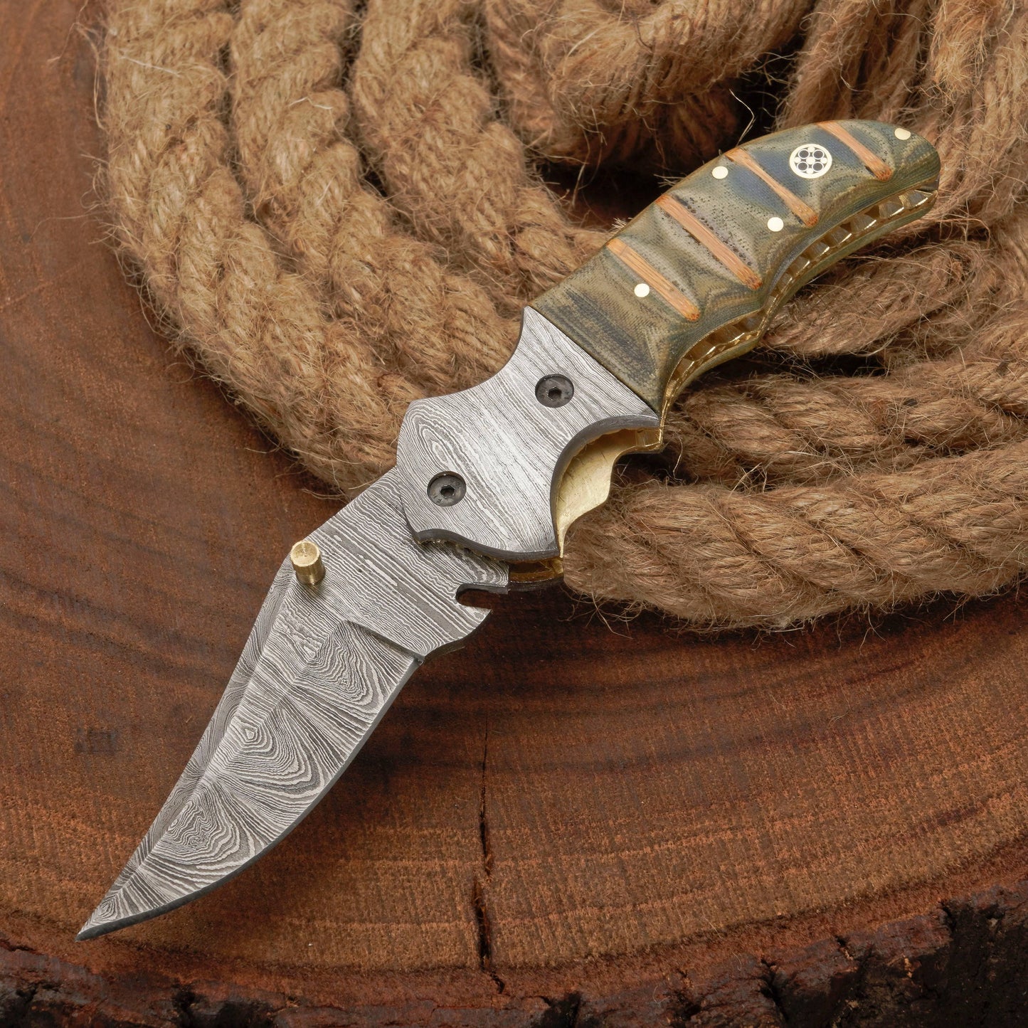 EDC Handmade Damascus Pocket Knife-Camping Folding Blade With Pocket Clip & Micarta Handle