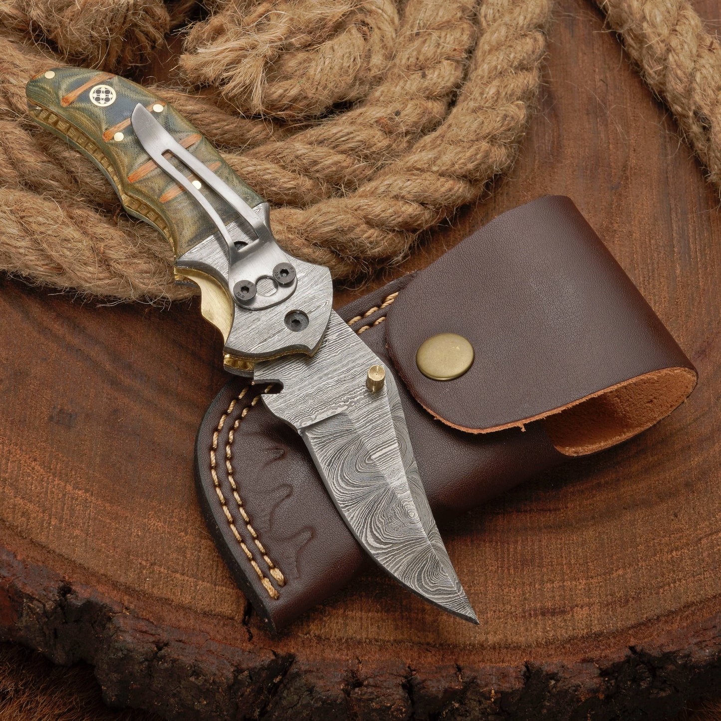 EDC Handmade Damascus Pocket Knife-Camping Folding Blade With Pocket Clip & Micarta Handle
