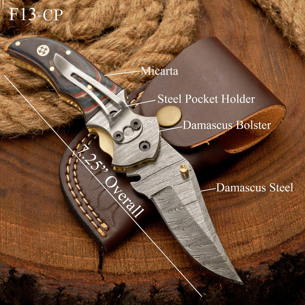 Handmade Damascus Steel Pocket Knife - Back Lock Folding Knife with Pocket Clip