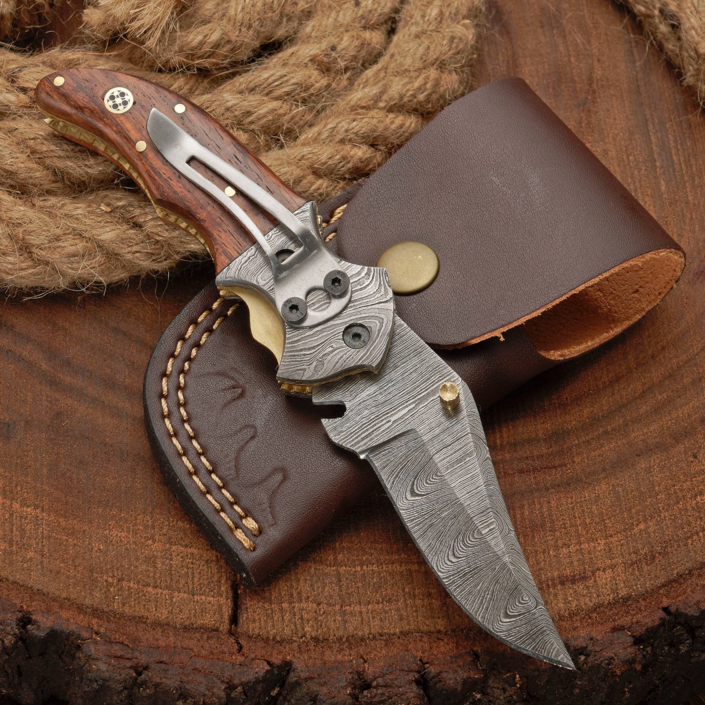 Handmade Forged Damascus Folding Pocket Knife with Pocket Clip | Camping Folding Knife with Rose Wood Handle
