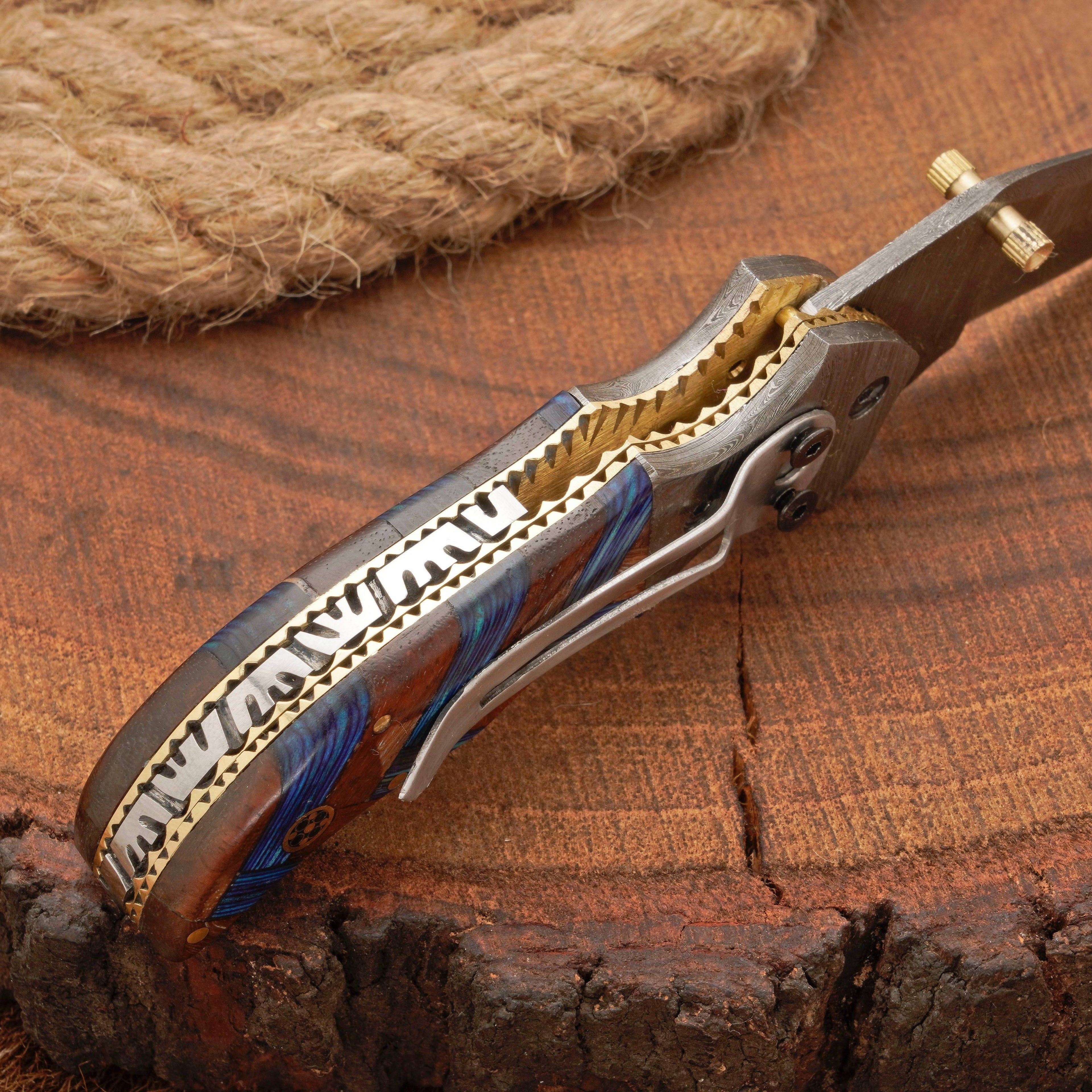 Hand Forged Damascus Steel Hunting Pocket Knife-Camping Folding Blade With Pocket Clip