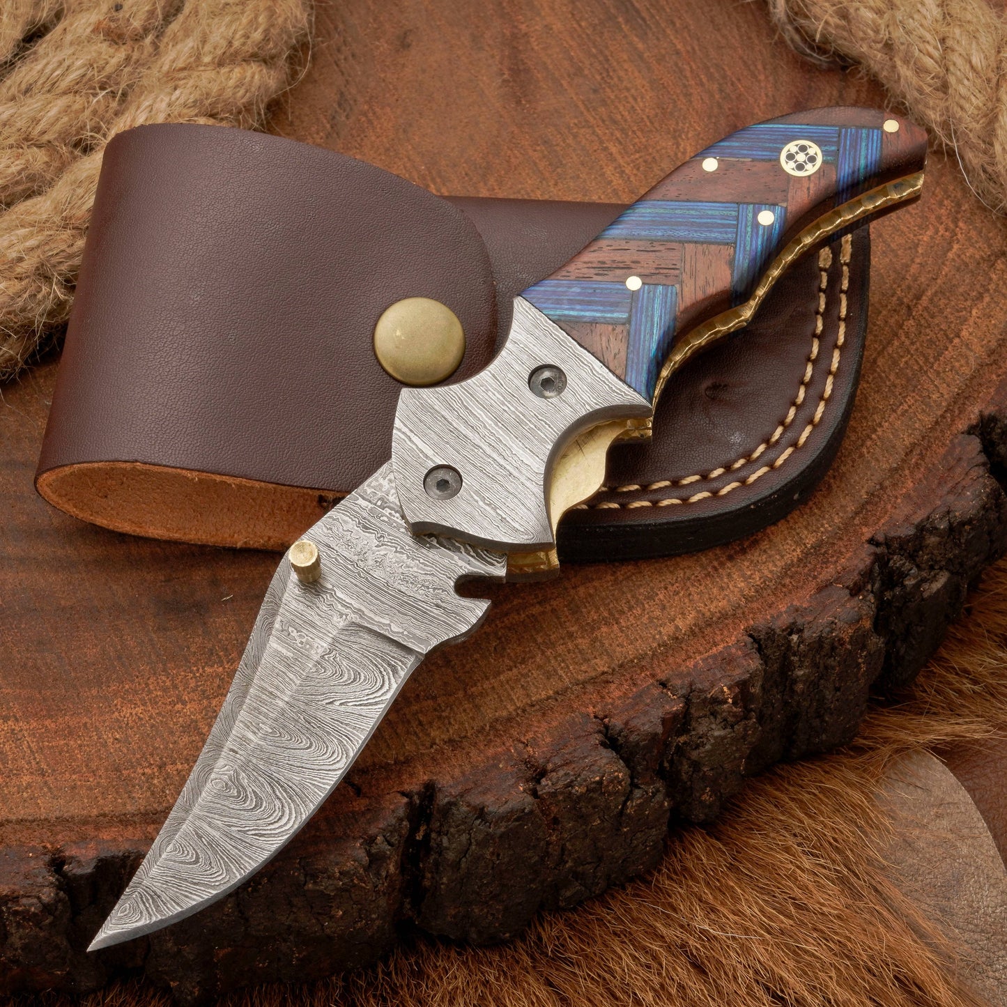 Hand Forged Damascus Steel Hunting Pocket Knife-Camping Folding Blade With Pocket Clip