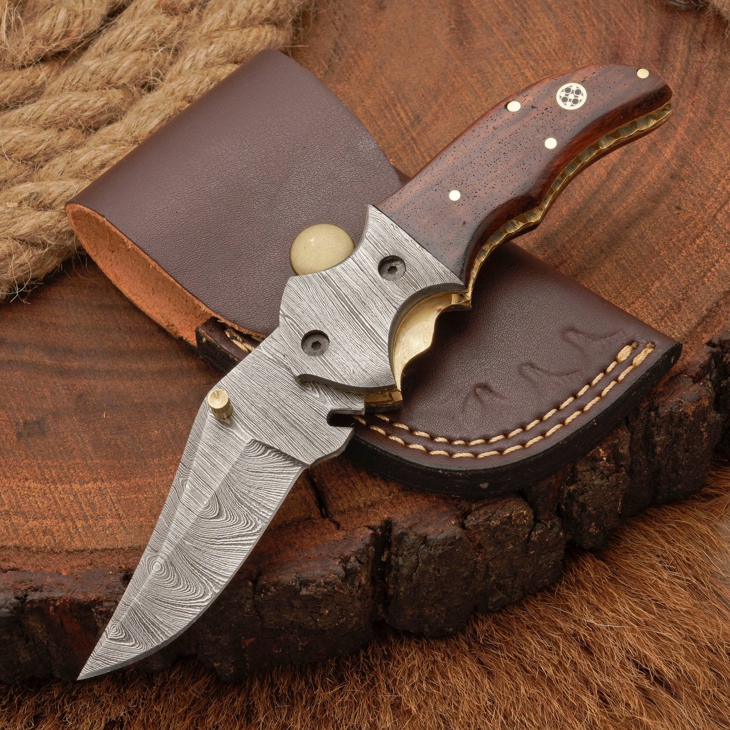 Handmade Forged Damascus Folding Pocket Knife with Pocket Clip | Camping Folding Knife with Rose Wood Handle