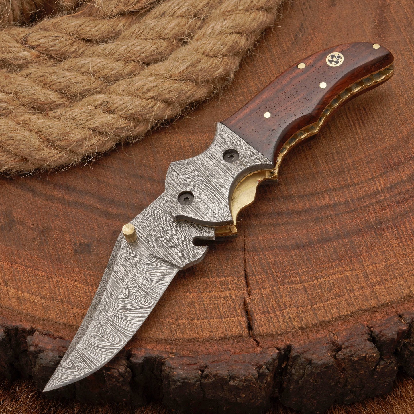 Handmade Forged Damascus Folding Pocket Knife with Pocket Clip | Camping Folding Knife with Rose Wood Handle