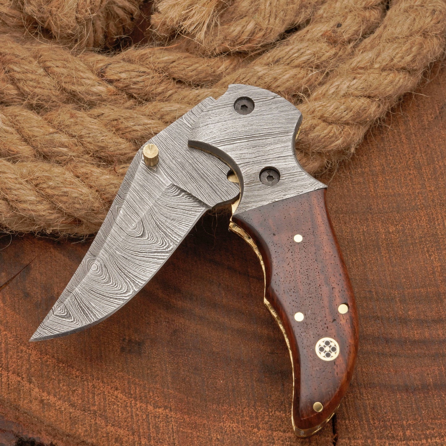 Handmade Forged Damascus Folding Pocket Knife with Pocket Clip | Camping Folding Knife with Rose Wood Handle