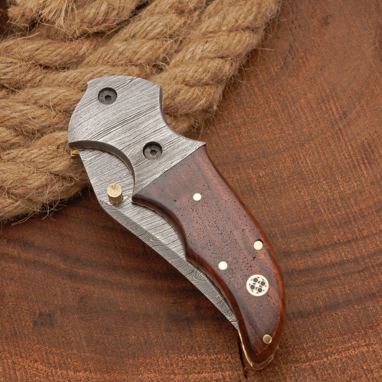 Handmade Forged Damascus Folding Pocket Knife with Pocket Clip | Camping Folding Knife with Rose Wood Handle