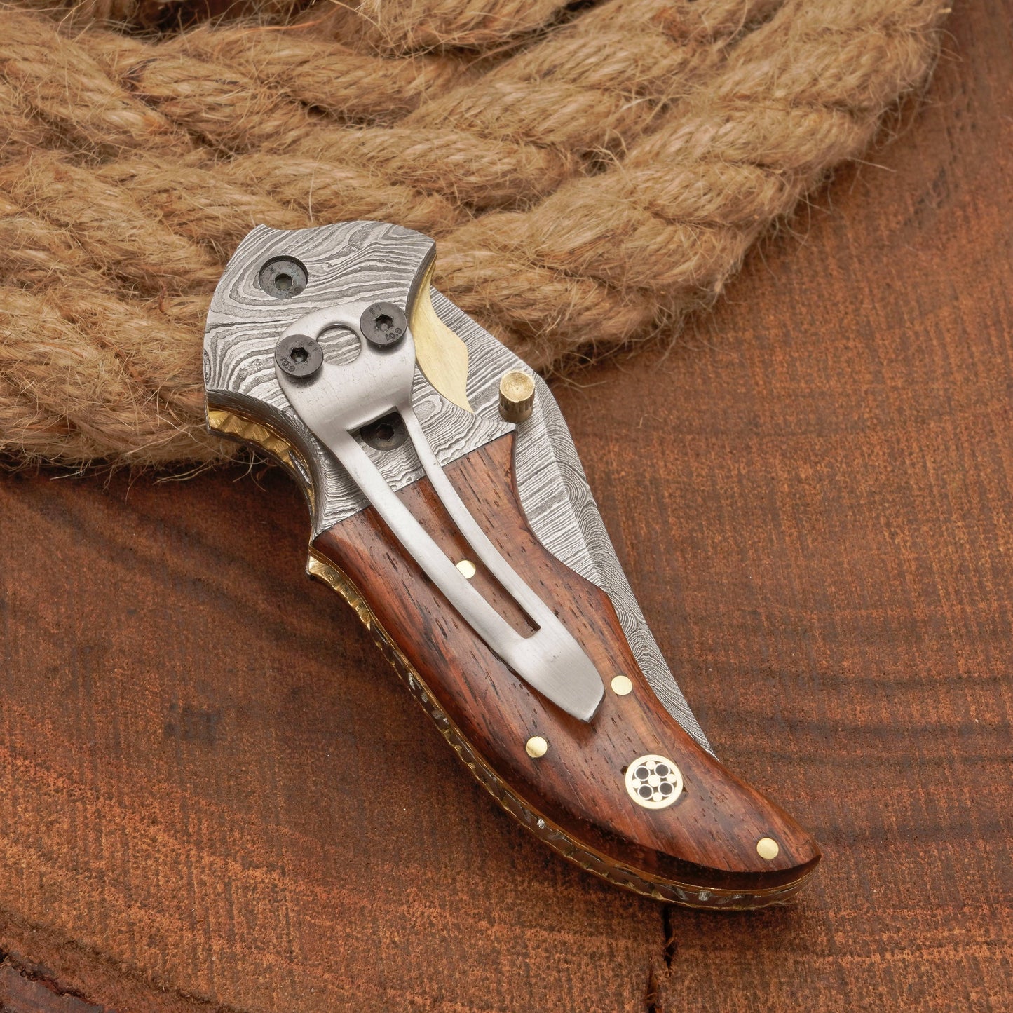 Handmade Forged Damascus Folding Pocket Knife with Pocket Clip | Camping Folding Knife with Rose Wood Handle