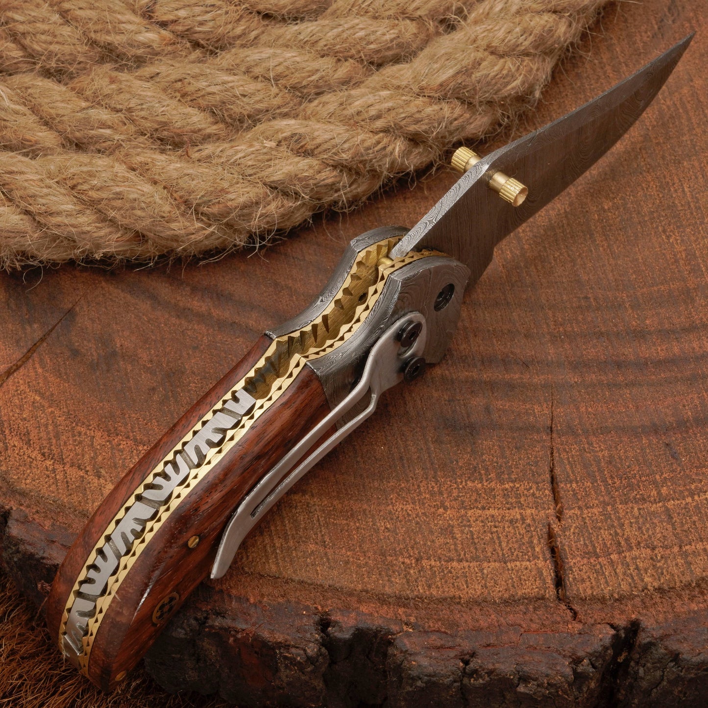 Handmade Forged Damascus Folding Pocket Knife with Pocket Clip | Camping Folding Knife with Rose Wood Handle