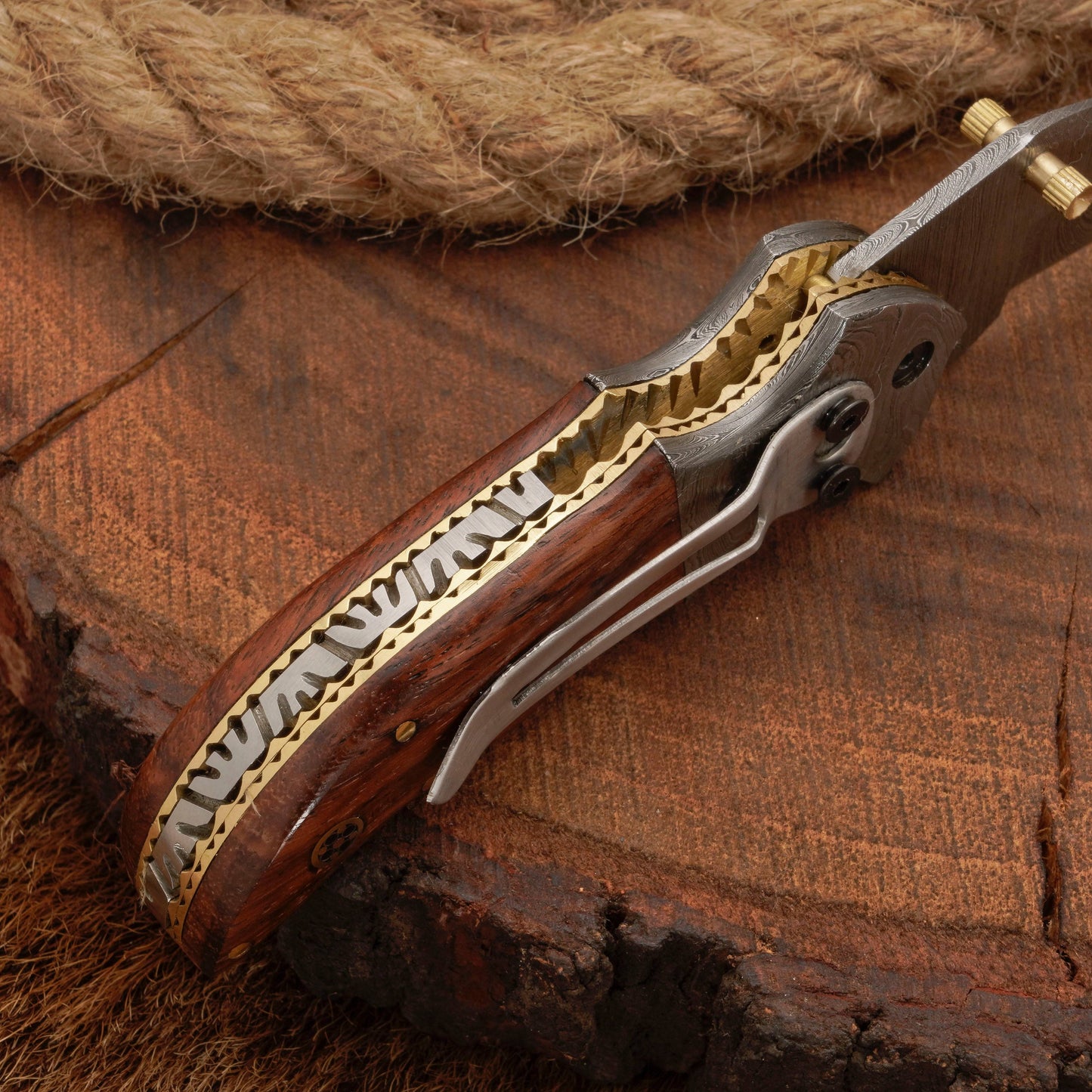 Handmade Forged Damascus Folding Pocket Knife with Pocket Clip | Camping Folding Knife with Rose Wood Handle