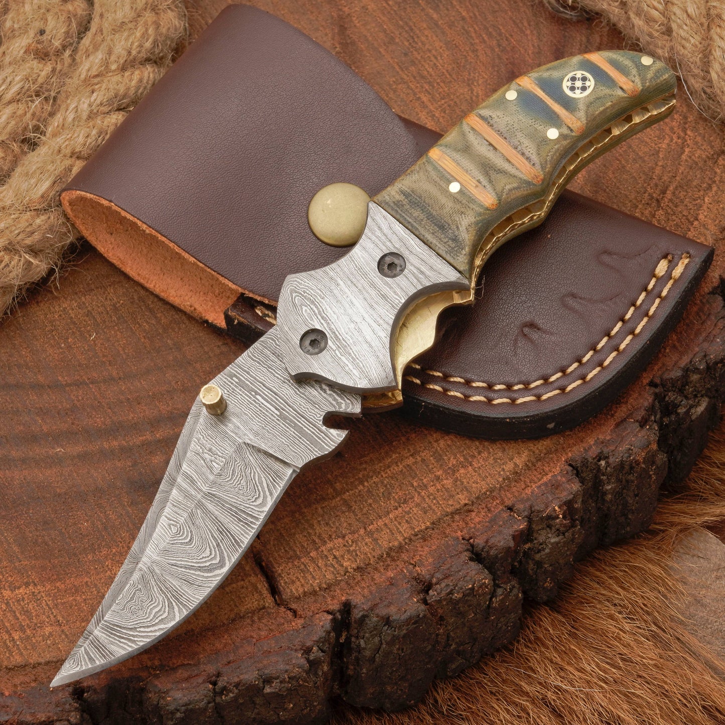 EDC Handmade Damascus Pocket Knife-Camping Folding Blade With Pocket Clip & Micarta Handle