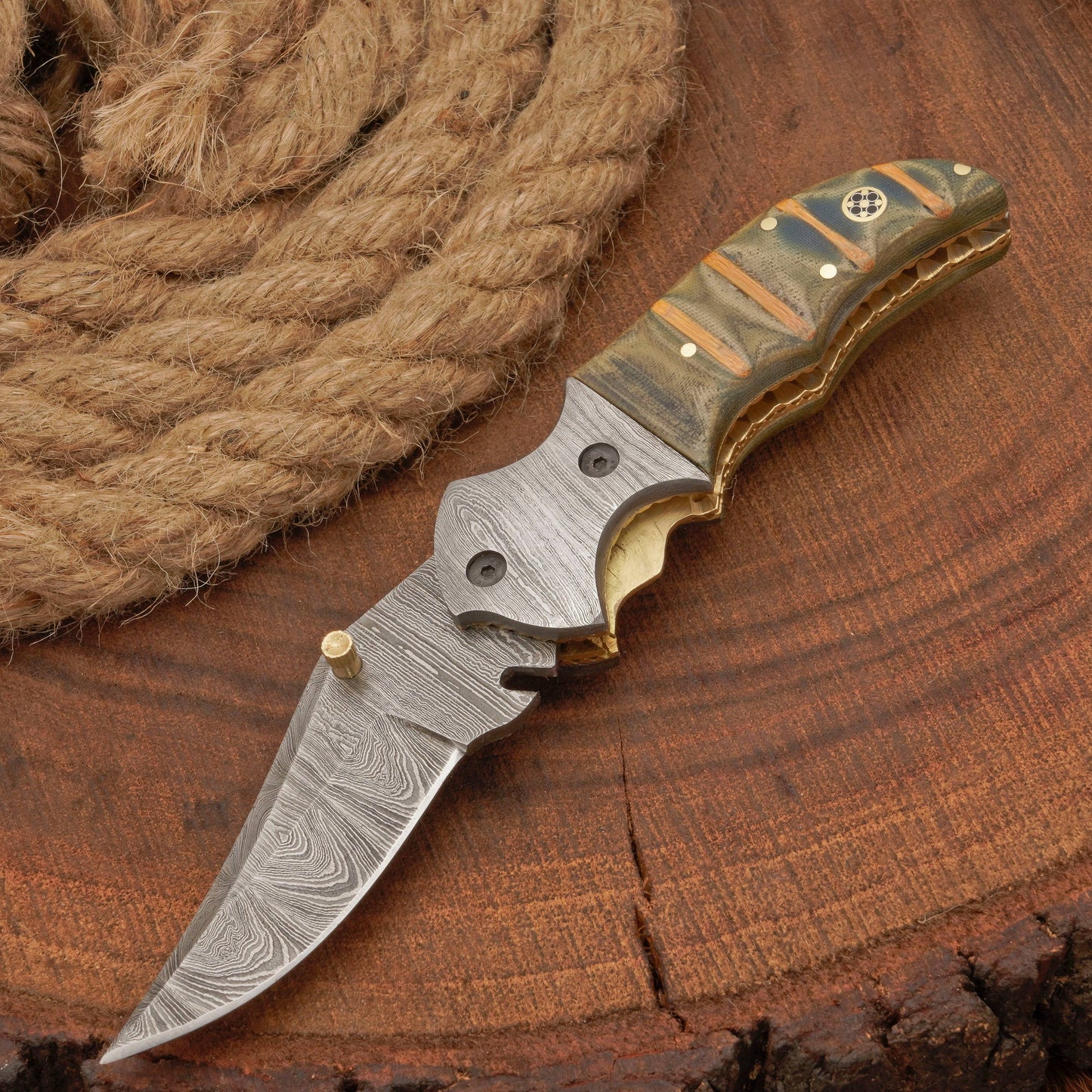 EDC Handmade Damascus Pocket Knife-Camping Folding Blade With Pocket Clip & Micarta Handle