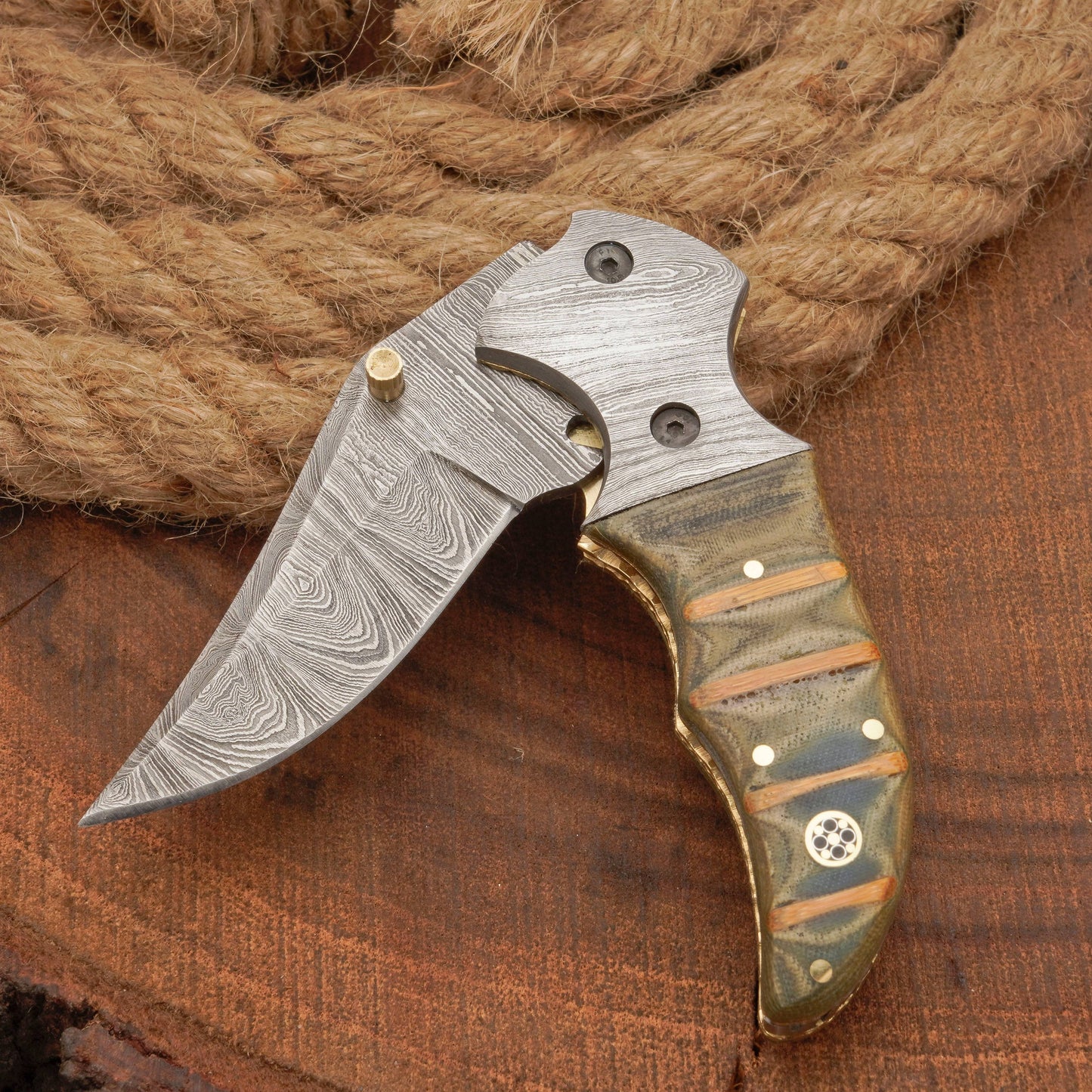EDC Handmade Damascus Pocket Knife-Camping Folding Blade With Pocket Clip & Micarta Handle