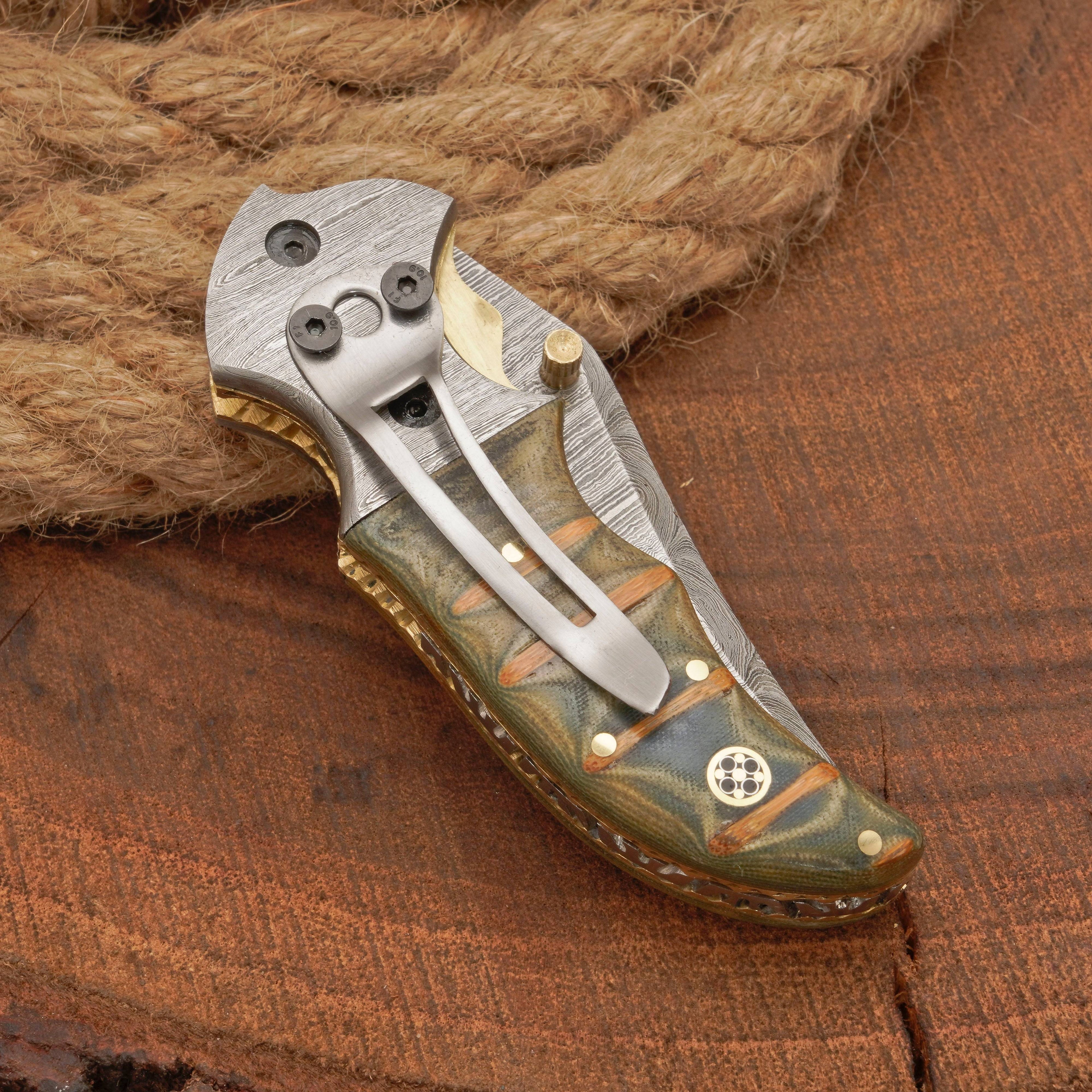 EDC Handmade Damascus Pocket Knife-Camping Folding Blade With Pocket Clip & Micarta Handle