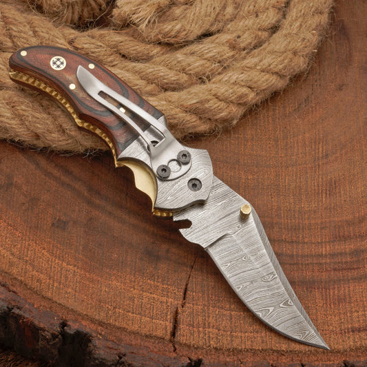 EDC Hand Forged Damascus Pocket Knife-Camping Folding knife | Pocket Clip knife with Micarta Handle
