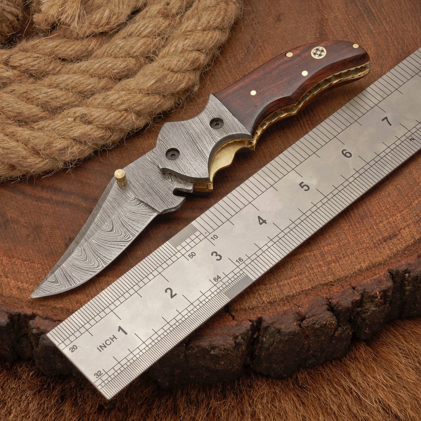 Handmade Forged Damascus Folding Pocket Knife with Pocket Clip | Camping Folding Knife with Rose Wood Handle