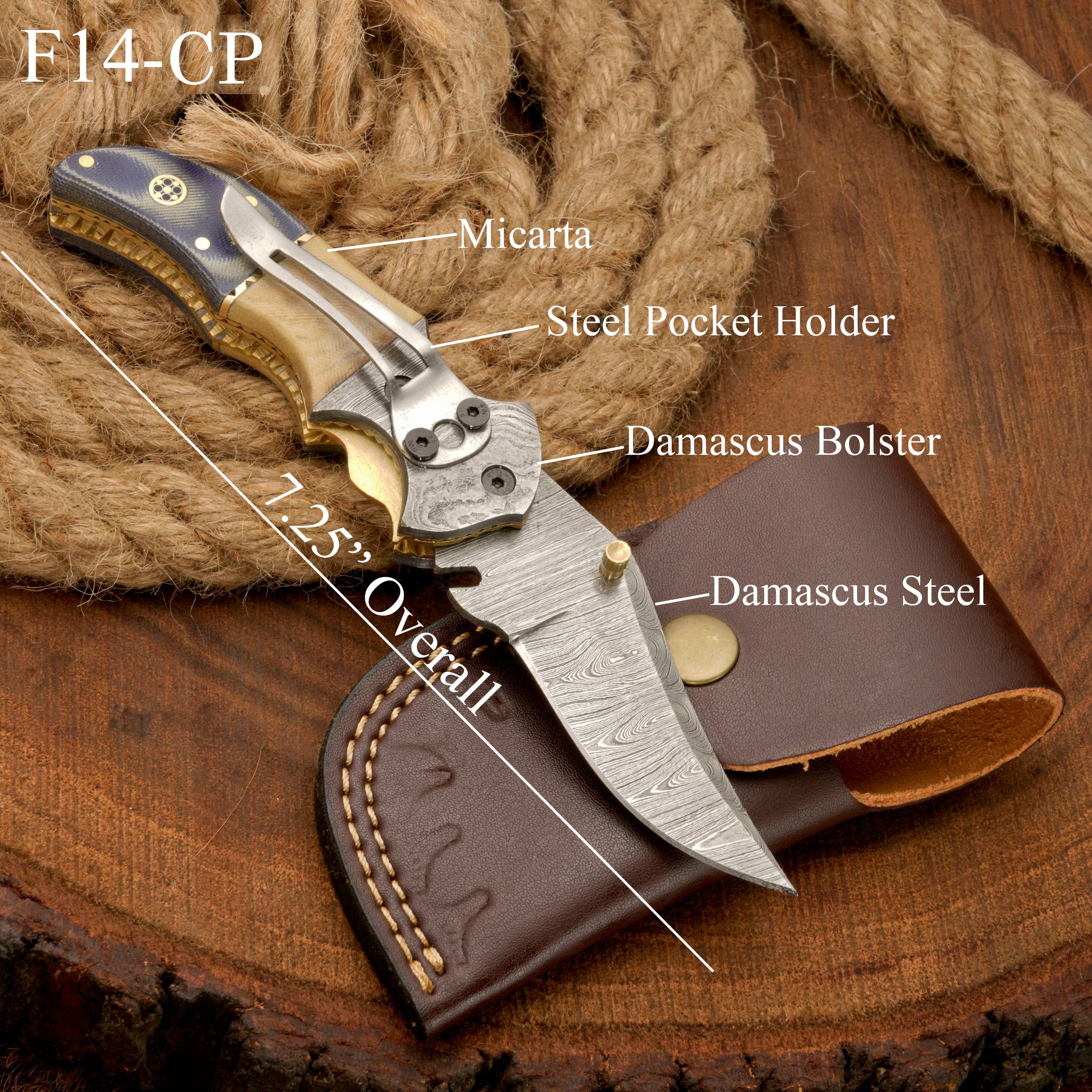 Handmade Damascus Steel Pocket Knife - Camping Folding Knife with Pocket Clip & Micarta Handle