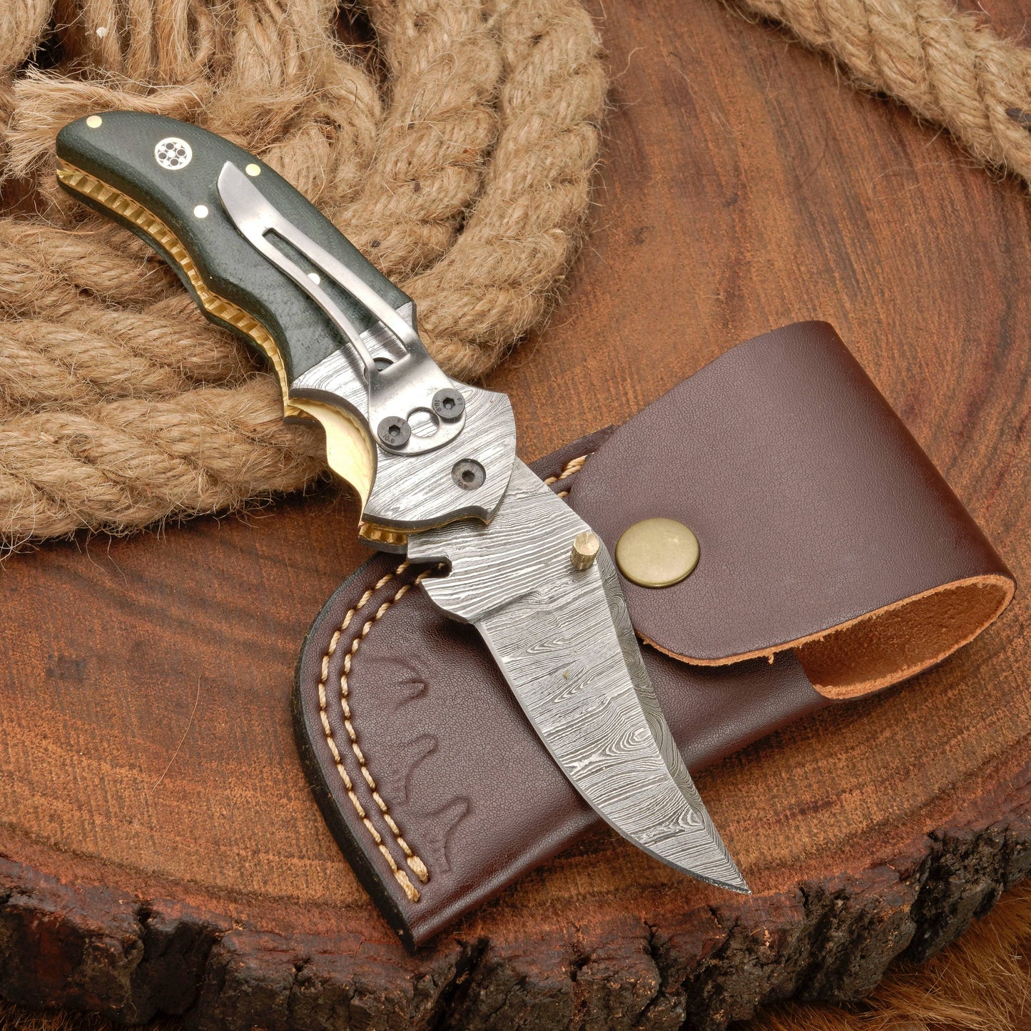 7" Handmade Forged Damascus Pocket Folding Knife with Pocket Clip - Green Micarta Wood Handle