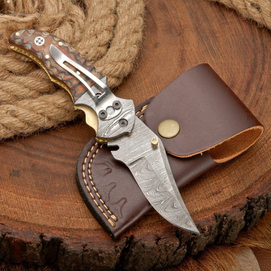 Handmade Forged Damascus Pocket Knife with Pocket Clip & Micarta Handle