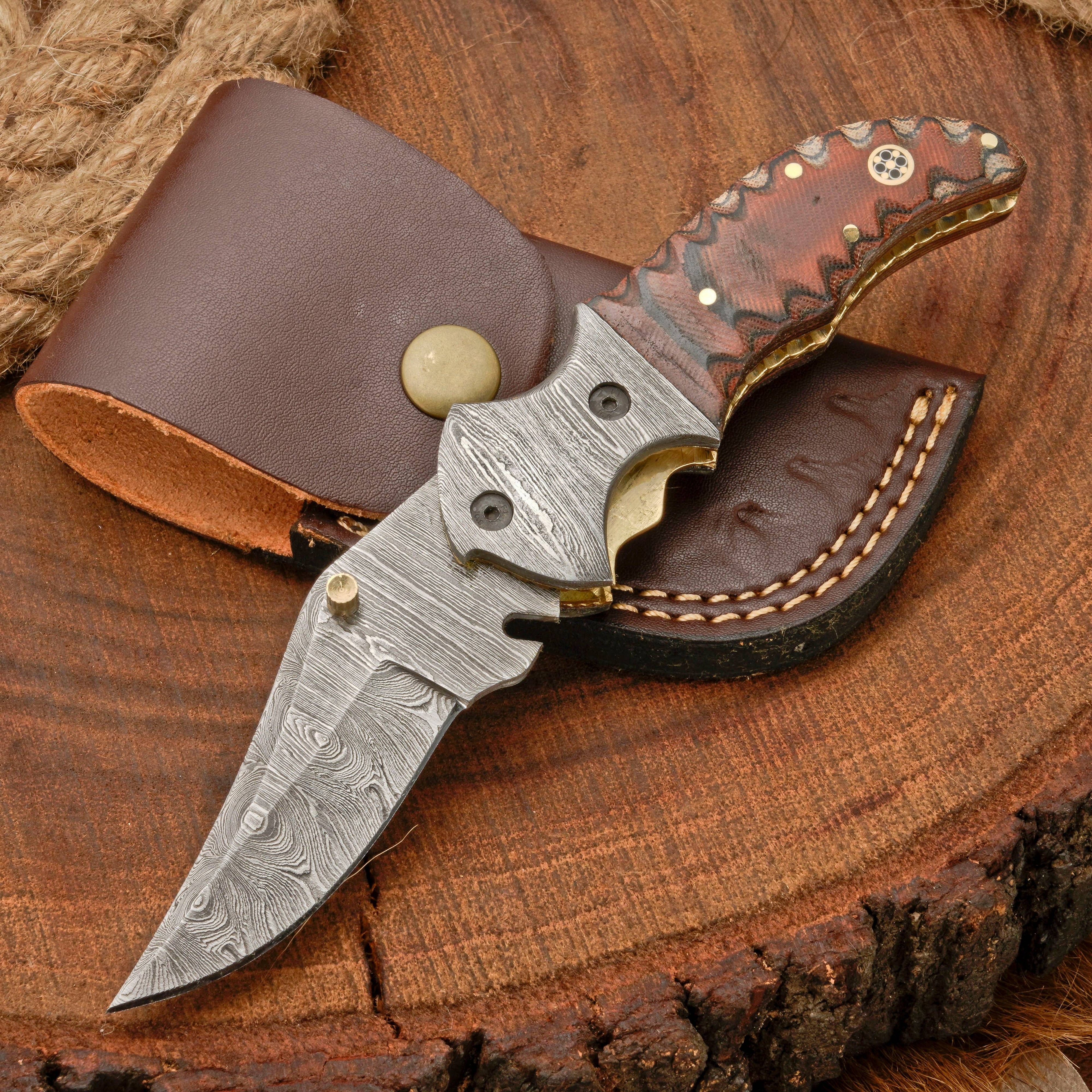Handmade Forged Damascus Pocket Knife with Pocket Clip & Micarta Handle
