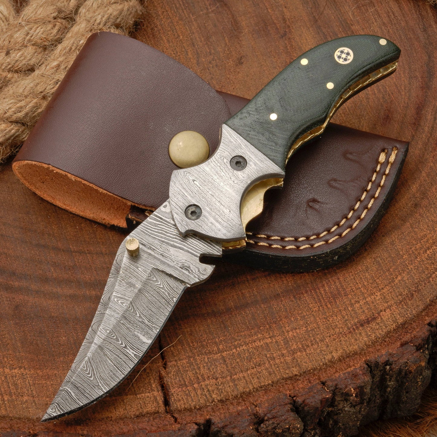 7" Handmade Forged Damascus Pocket Folding Knife with Pocket Clip - Green Micarta Wood Handle