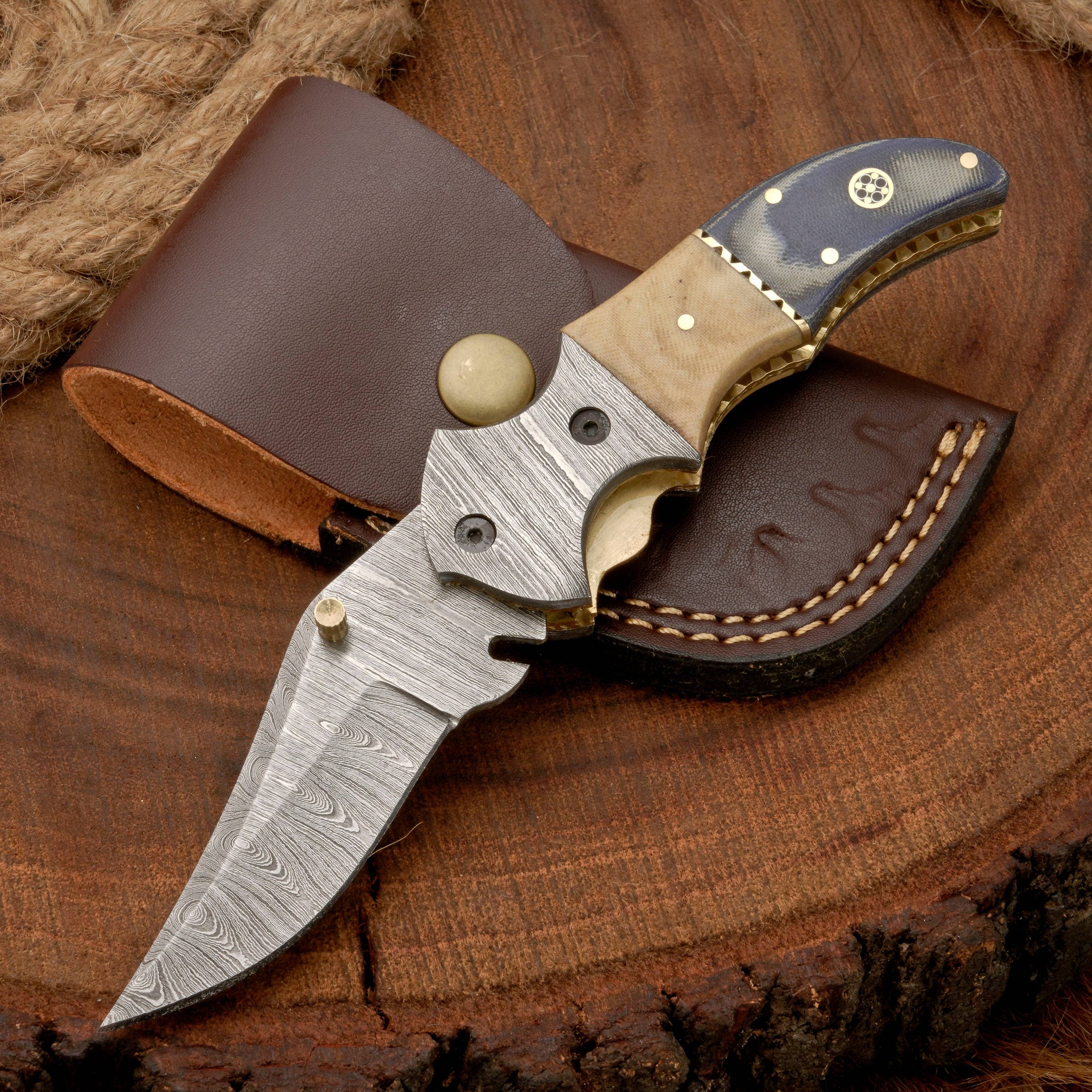 Handmade Damascus Steel Pocket Knife - Camping Folding Knife with Pocket Clip & Micarta Handle