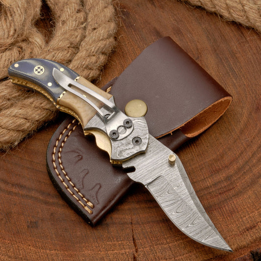 Handmade Damascus Steel Pocket Knife - Camping Folding Knife with Pocket Clip & Micarta Handle