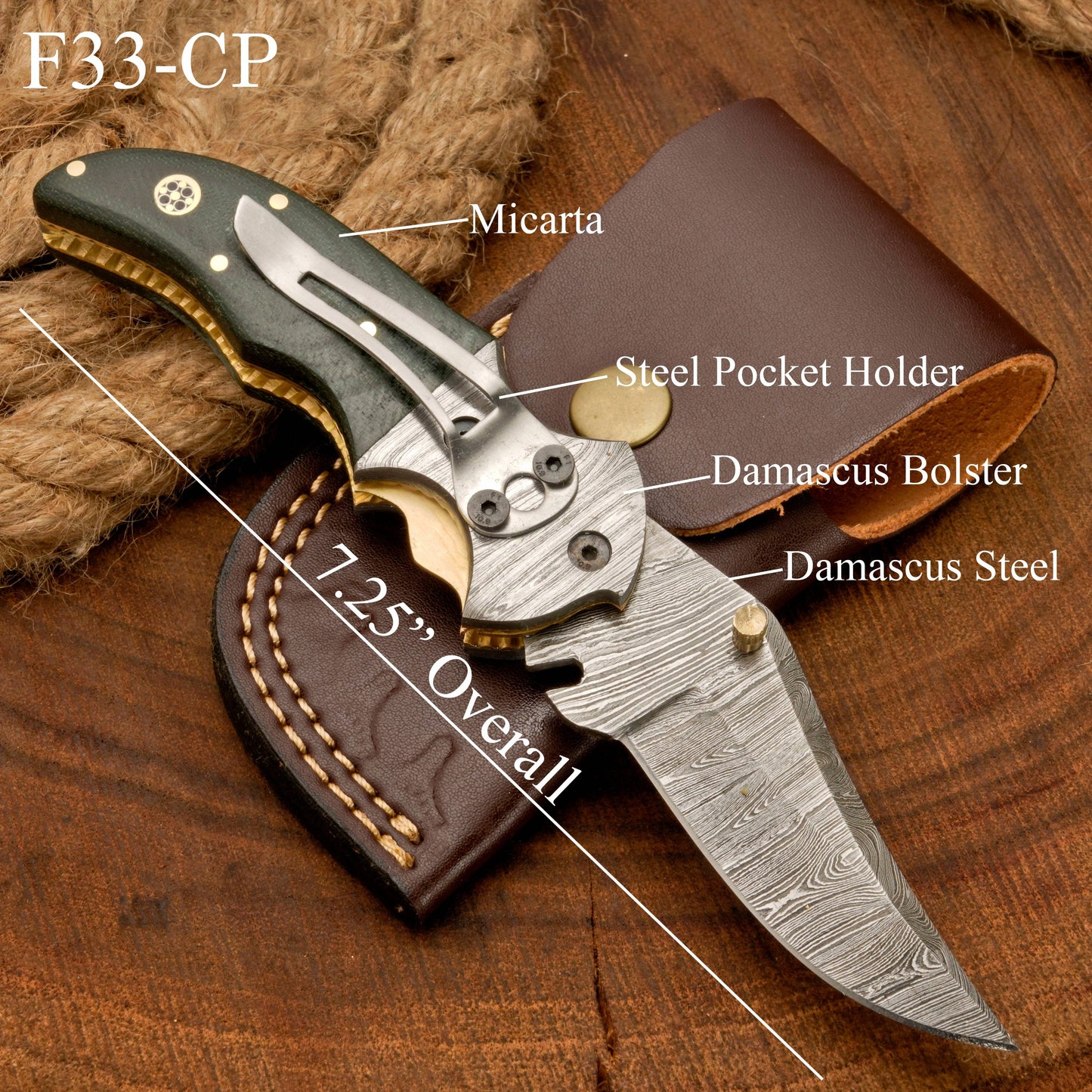 7" Handmade Forged Damascus Pocket Folding Knife with Pocket Clip - Green Micarta Wood Handle
