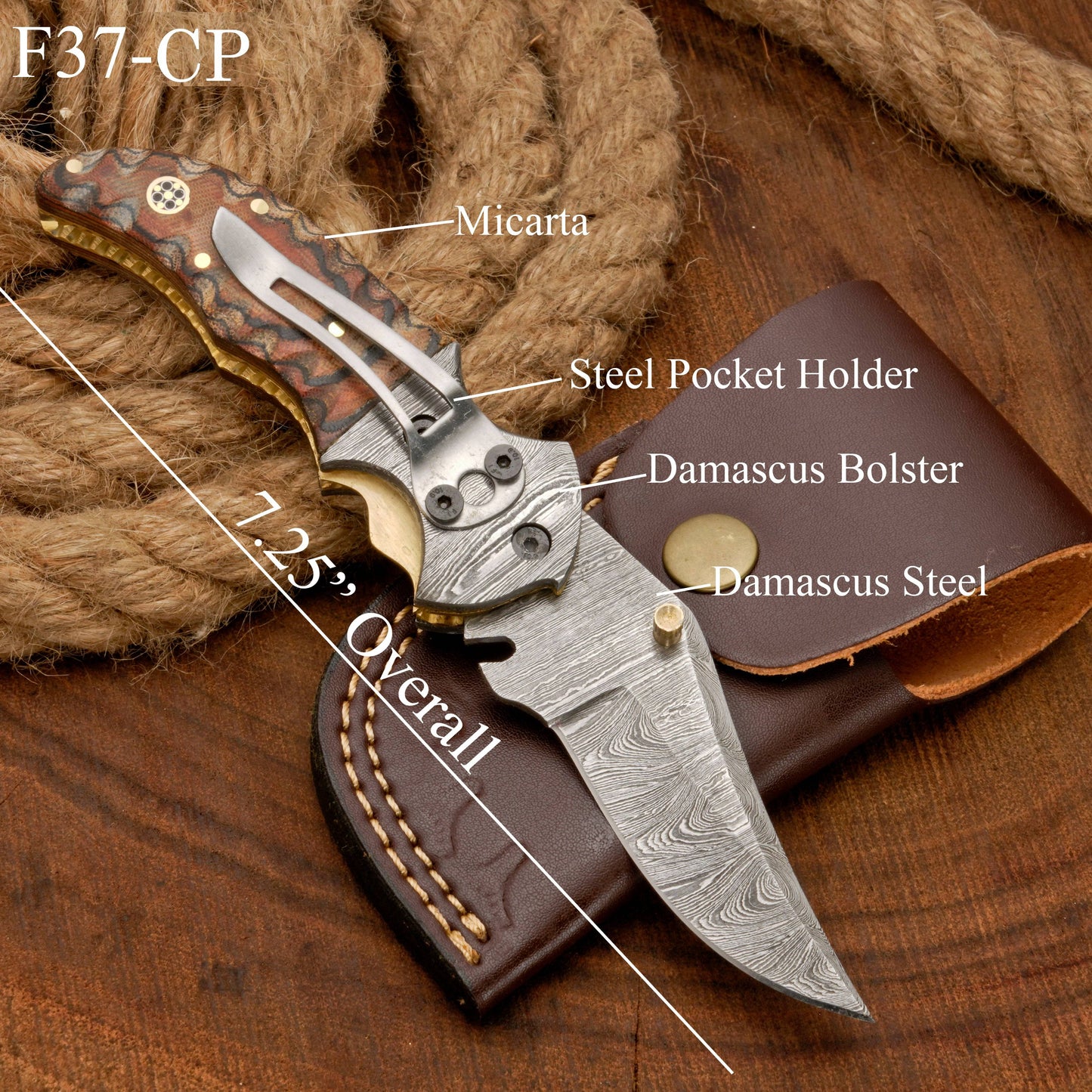 Handmade Forged Damascus Pocket Knife with Pocket Clip & Micarta Handle