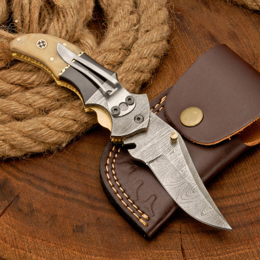EDC Hand Forged Damascus Pocket Knife-Camping Folding knife | Pocket Clip knife with Micarta Handle