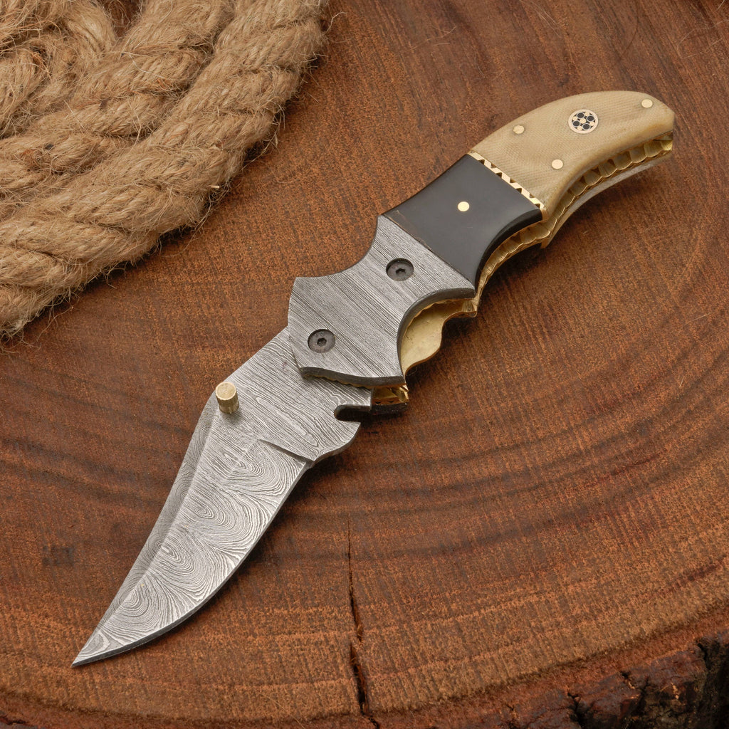 EDC Hand Forged Damascus Pocket Knife-Camping Folding knife | Pocket Clip knife with Micarta Handle
