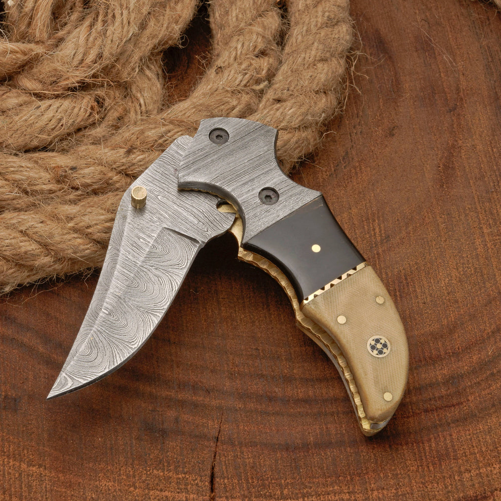 EDC Hand Forged Damascus Pocket Knife-Camping Folding knife | Pocket Clip knife with Micarta Handle
