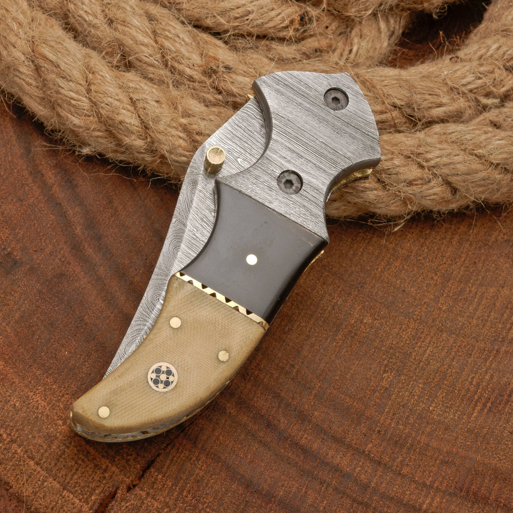 EDC Hand Forged Damascus Pocket Knife-Camping Folding knife | Pocket Clip knife with Micarta Handle